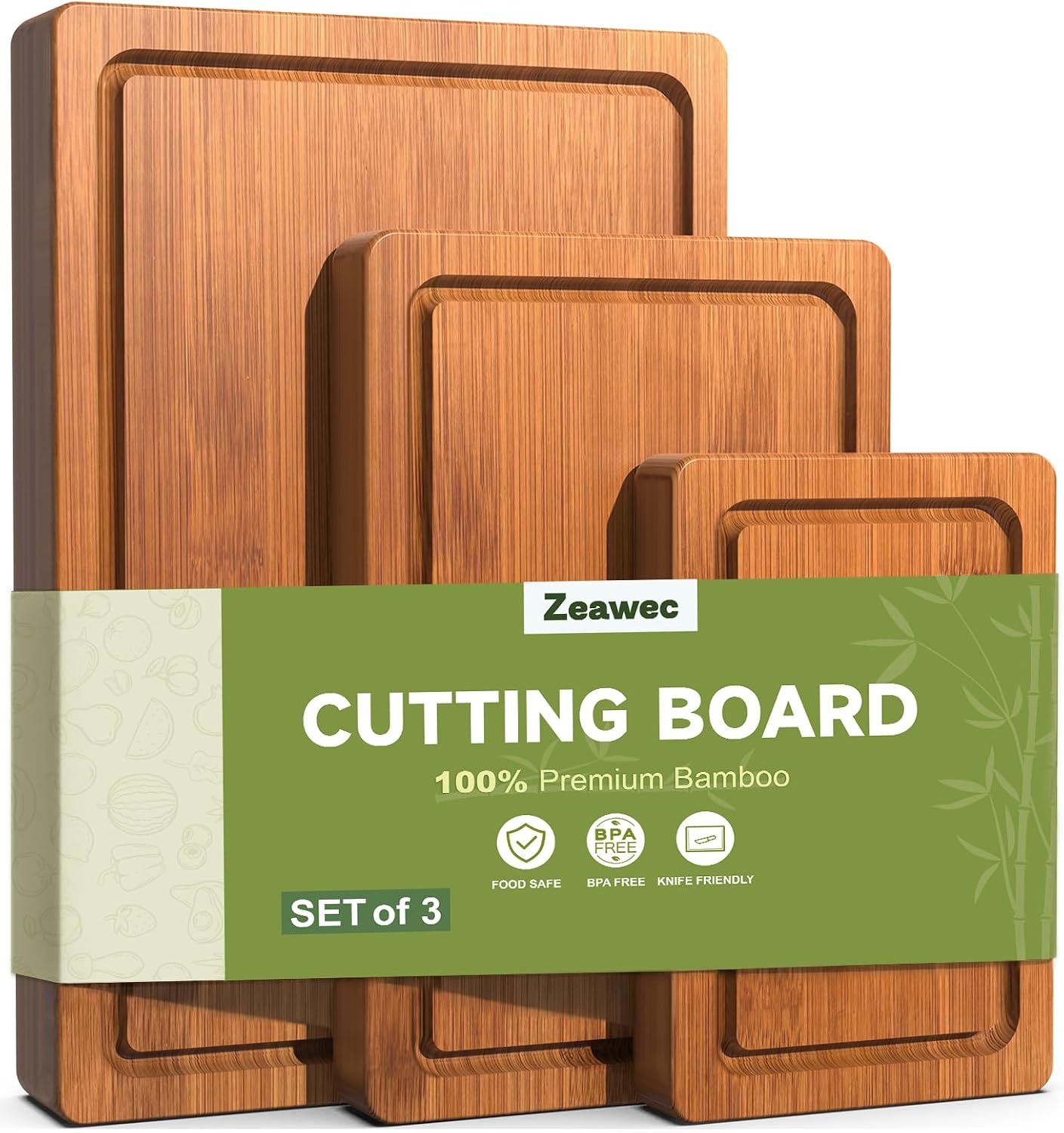 3-Piece Set Deep-Carbonized Bamboo Cutting Board for Kitchen - Crack-Resistant Wood Chopping Boards with Deep Juice Grooves, Pre-Oiled Butcher Block for Meat, Vegetables & Cheese, Carbonized