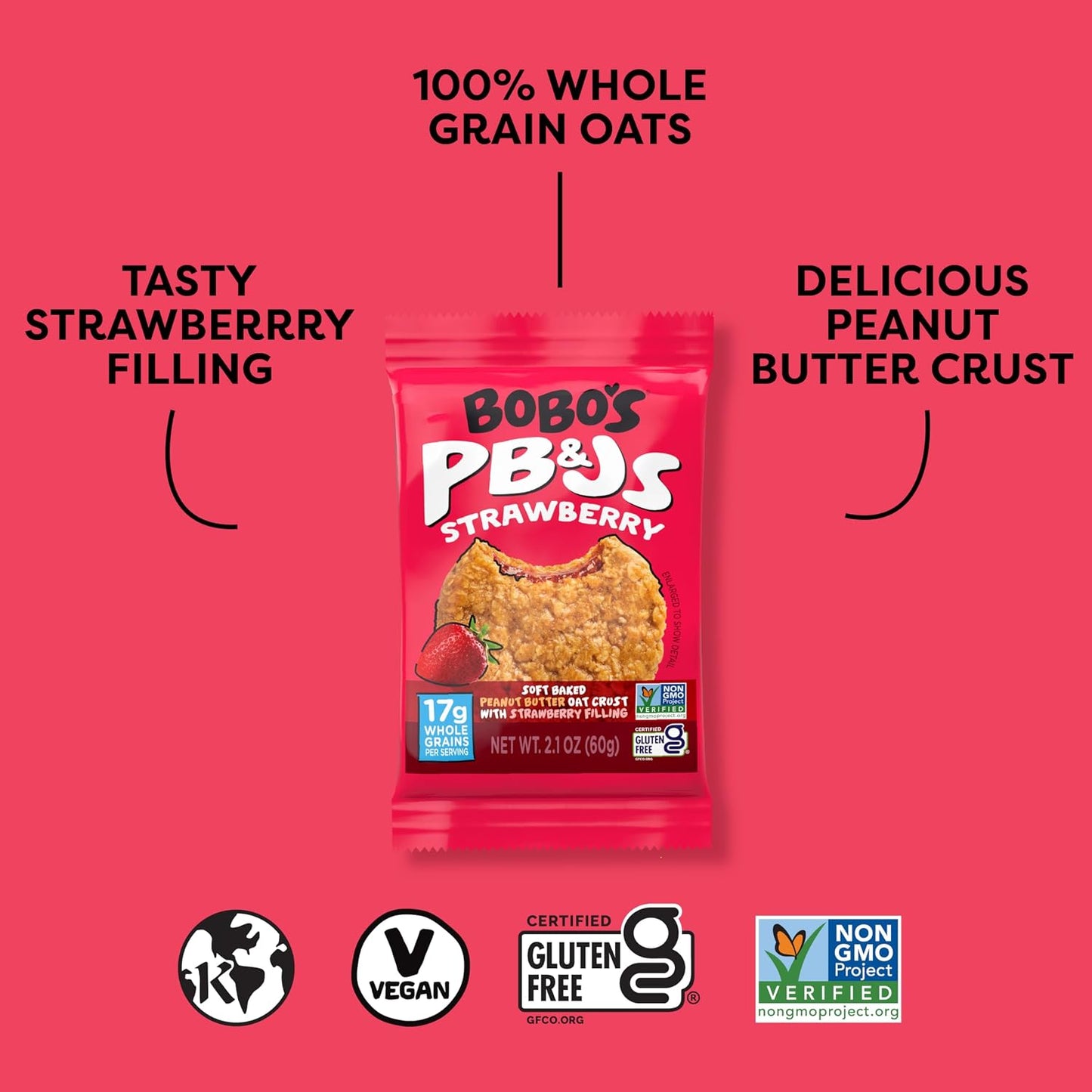 Bobo's Strawberry PB&J Oat Snacks, Gluten-Free, Non-GMO, Plant-Based, Whole Grain Oats