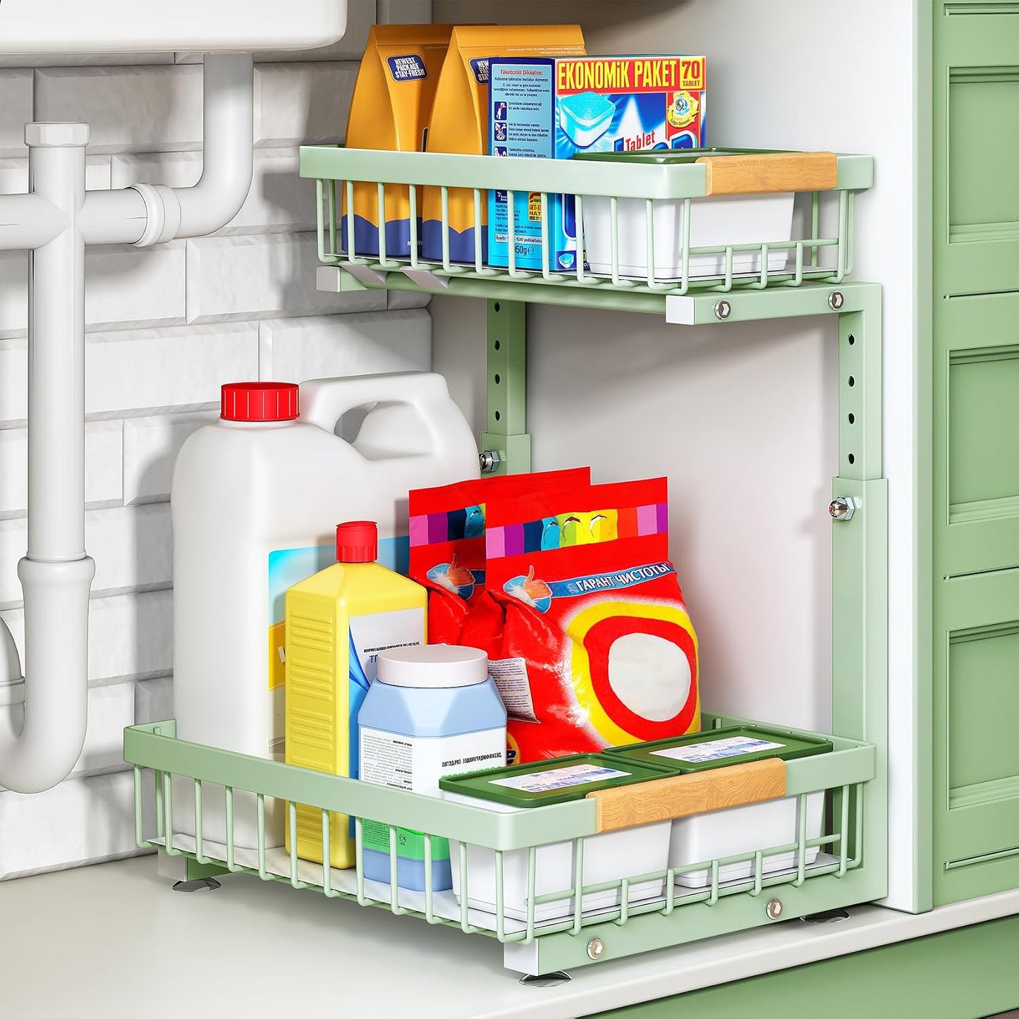 Kitstorack Under Sink Organizer, 2 Tier Under the Sink Storage, Slide out Pull out Cabinet Organizer Shelf, Metal Sliding Drawer for Kitchen Bathroom Pantry Closet Organization Rack, White, 2 Pack