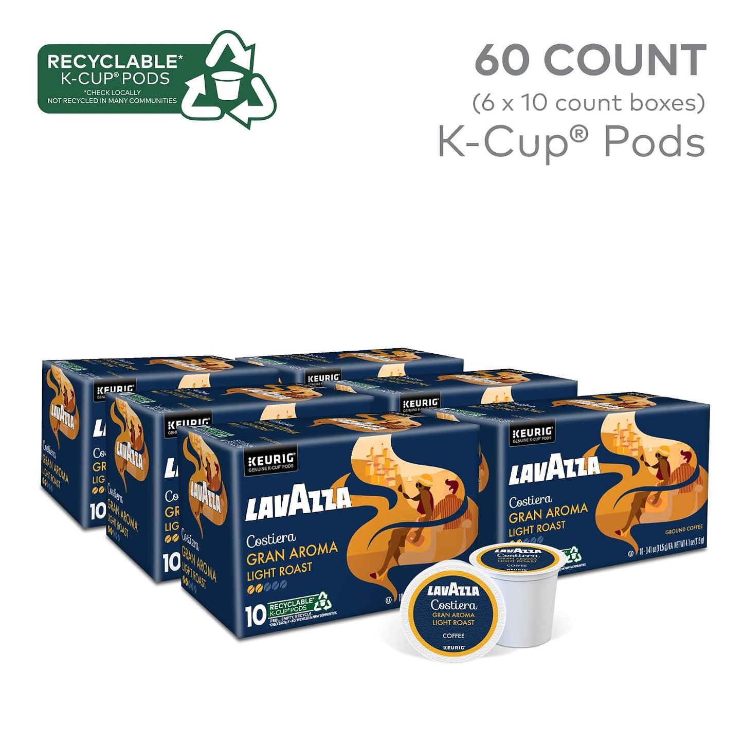 Lavazza Costiera Gran Aroma single-serve Keurig K-Cup pods, light roast coffee, 60-count box