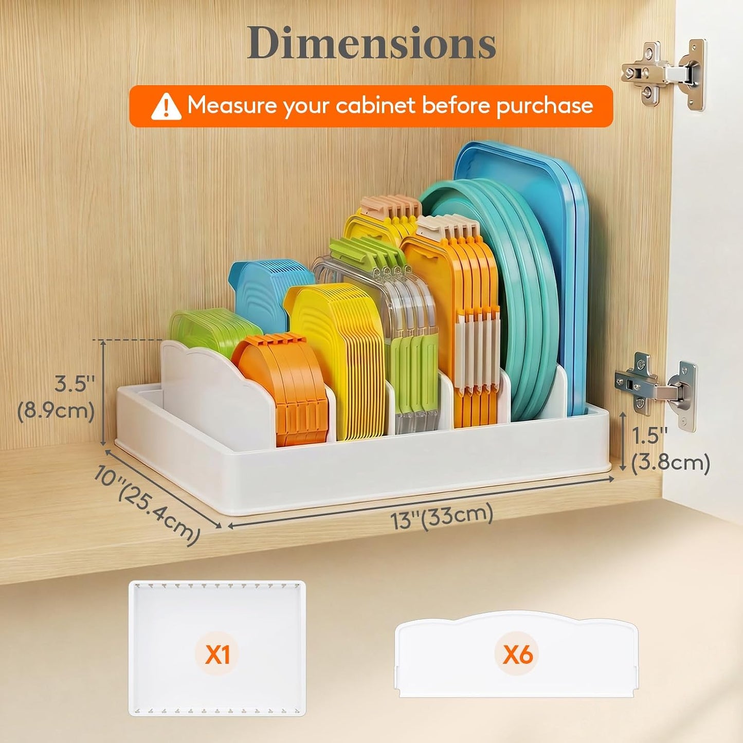 Lifewit Kitchen Cabinet Organizer for Food Contanier Lid, Lid Holder with 6 Adjustable Dividers & 7 Sections for Pantry Organizers and Storage, Home Drawer Organization, Large, 13" x 10"