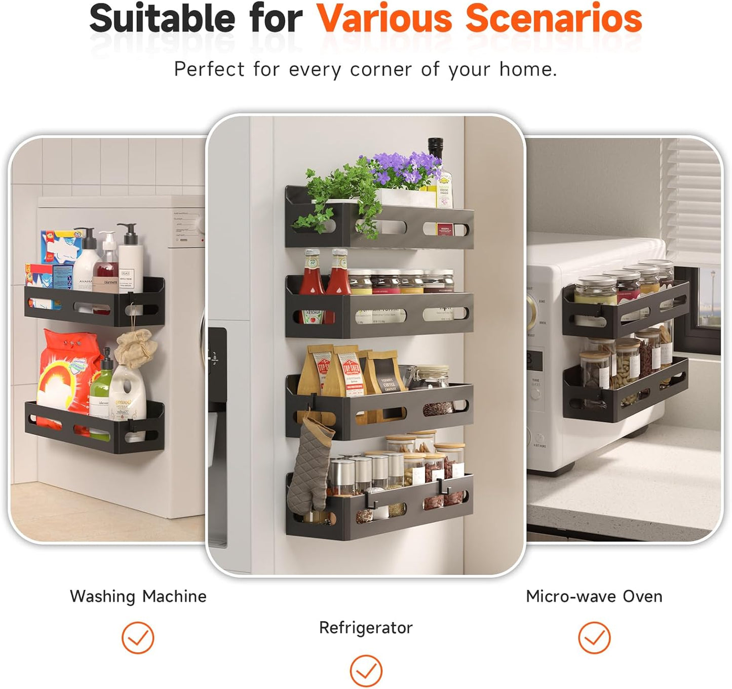 Sevenblue 4-Pack Magnetic Spice Rack for Refrigerator with Hooks, Black | Strong multipurpose magnetic shelf for kitchen & bathroom organization. Includes 4 removable hooks for hanging items.
