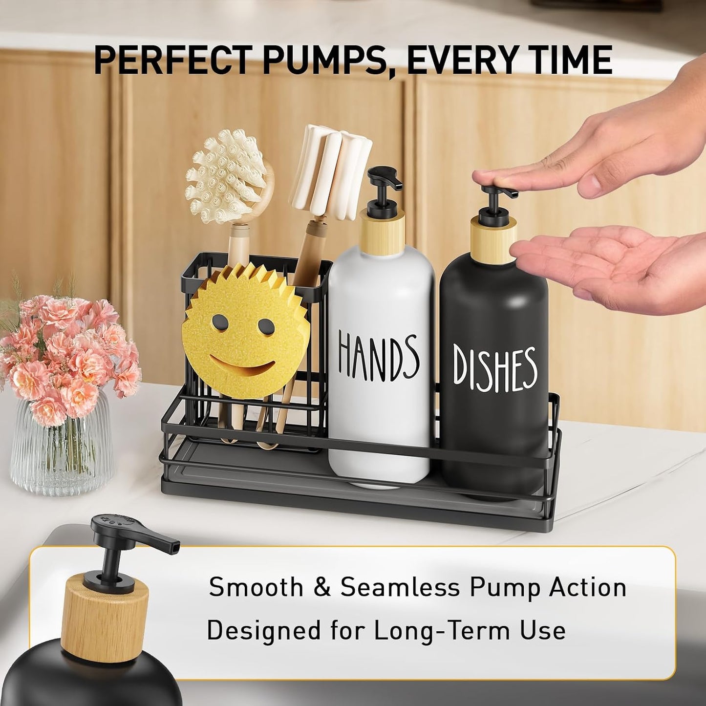 Moforoco Kitchen Dish Soap Dispenser Set, 16OZ Glass Bottle, Hand and Dish Soap Dispenser Set, Instant Dry Tray, Brush Holder with Smiley Face Sponge Holder (Black Tray+Black&White Bottle)