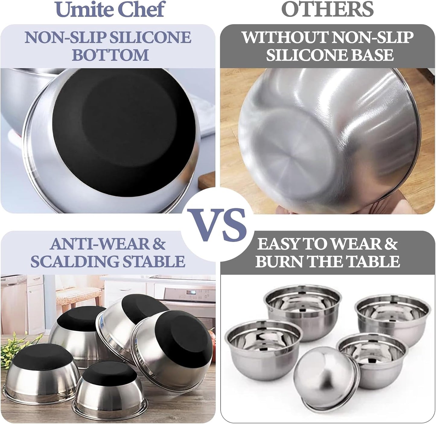 Umite Chef Mixing Bowls with Airtight Lids Set, 8PCS Stainless Steel Nesting Bowls Set, 3 Grater Attachments & Non-Slip Bottoms, Size 5, 4, 3.5, 2, 1.5QT for Baking & Mixing(Black)