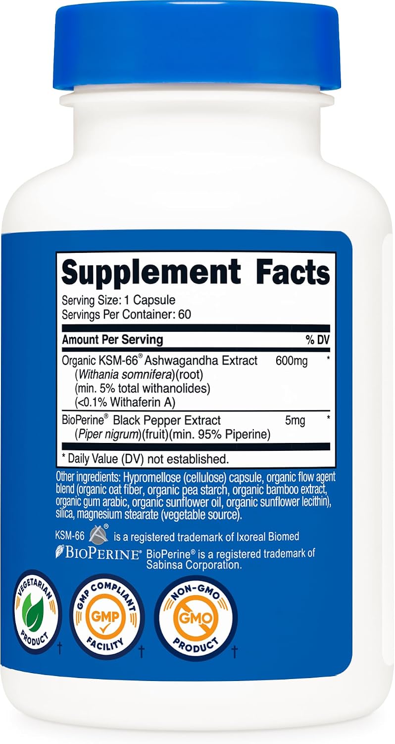 Nutricost KSM-66 Ashwagandha Root Extract 600mg, 60 Veggie Caps - 5% Withanolides - with BioPerine - Full-Spectrum Root Extract