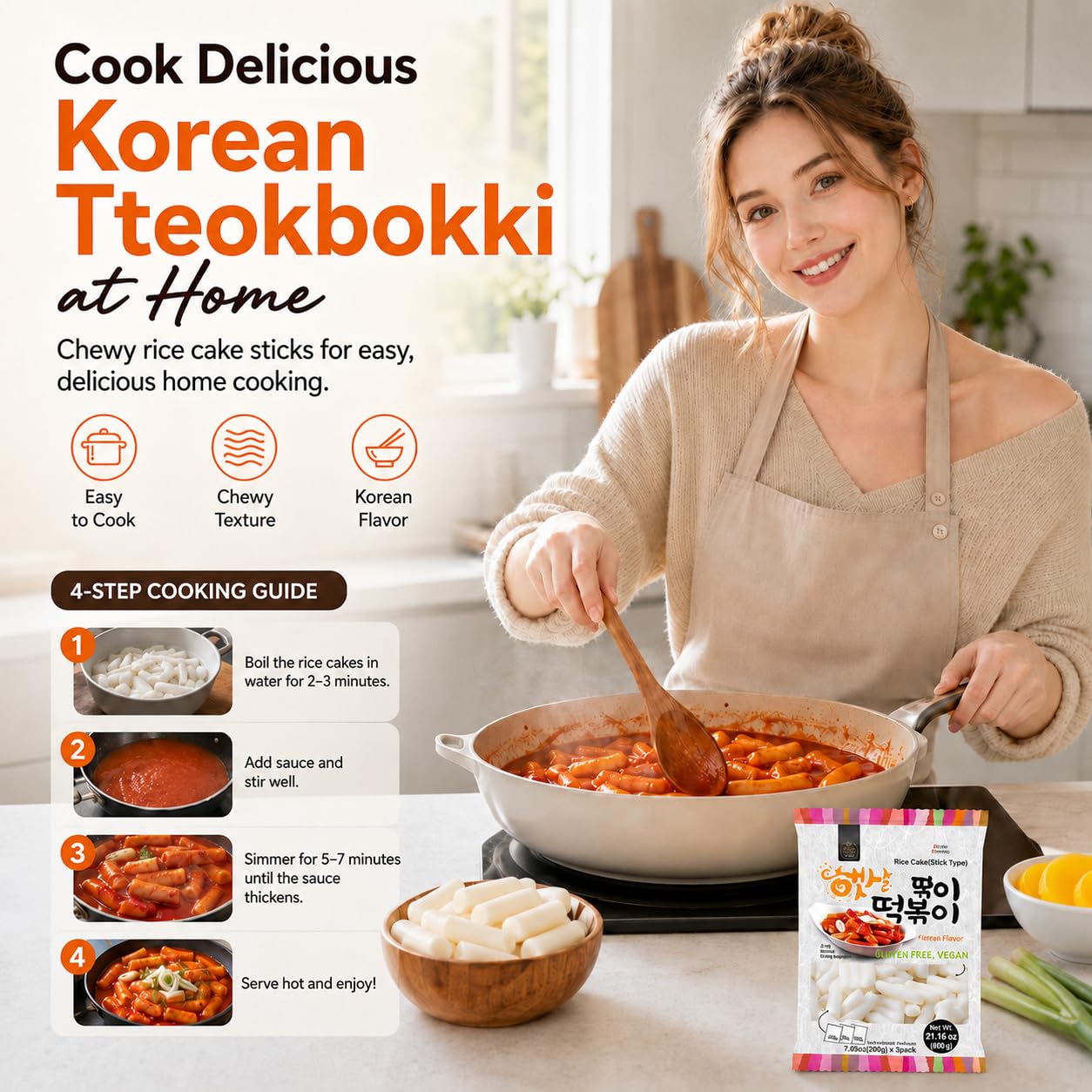 Korean rice cake tteokbokki stick, 2 pack, 21.16 oz per pack, vegan, non-GMO, gluten free