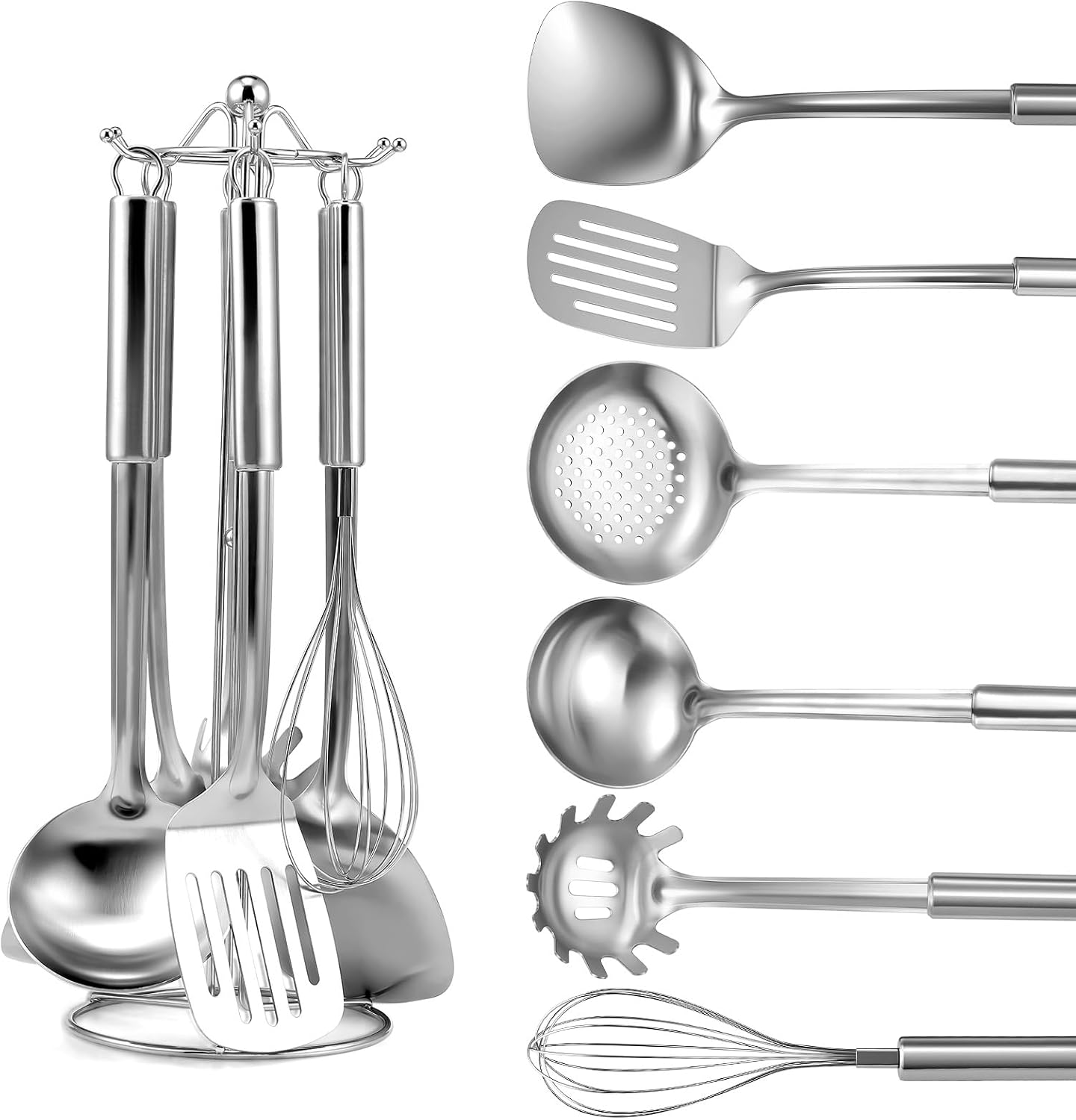 6-Piece Kitchen Cooking Utensils Set, Stainless Steel Kitchen Utensils with Suspendable Handle, Spatula, Slotted Turner, Soup Ladle, Slotted Spoon, Whisk, Pasta Server, Dishwasher Safe
