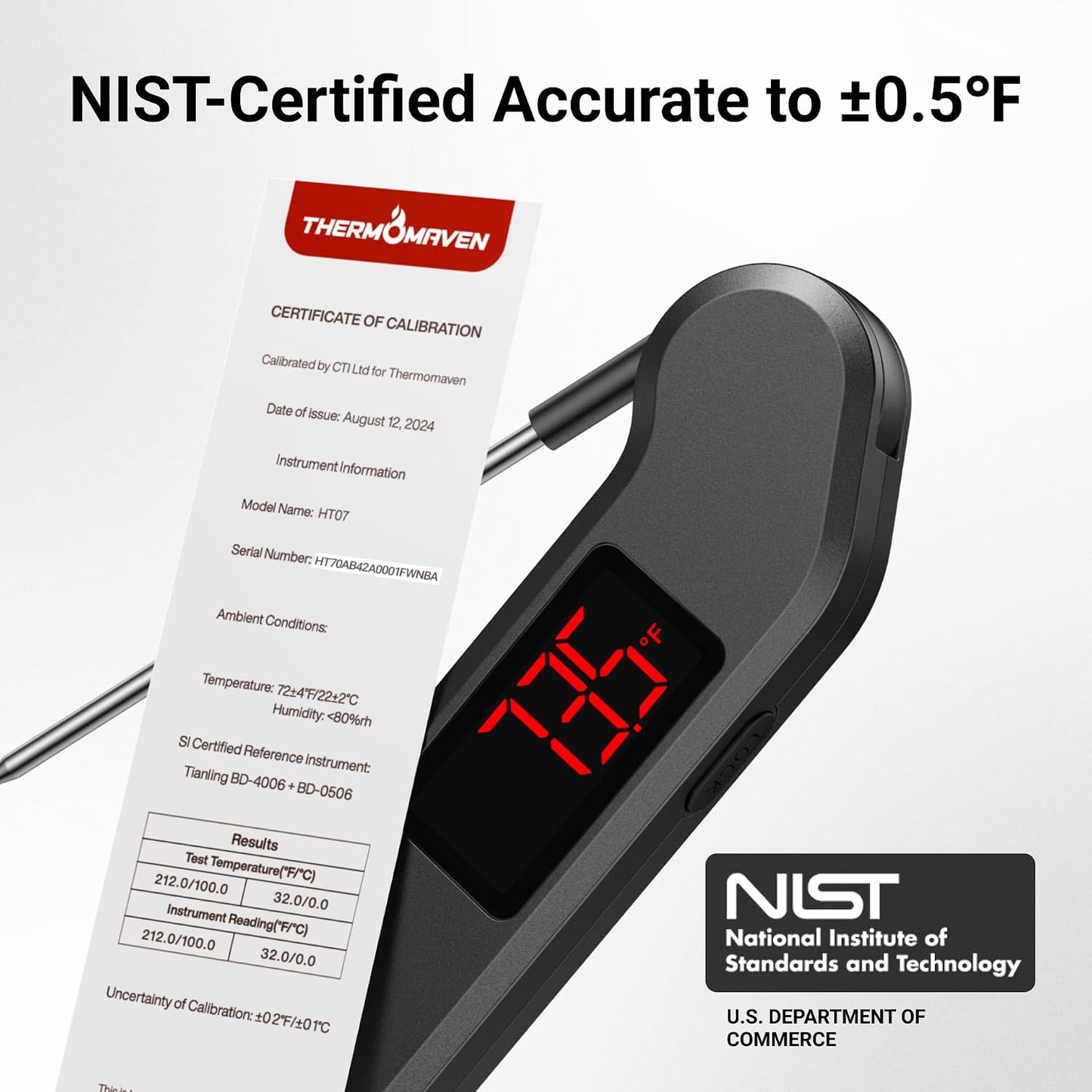 ThermoMaven 1 Sec Professional Digital Meat Thermometer, ±0.5℉ Accuracy | NIST&NSF Certified Food Thermometer, Auto-Rotate Bright LED Screen, Highly Waterproof for Grill BBQ, Black