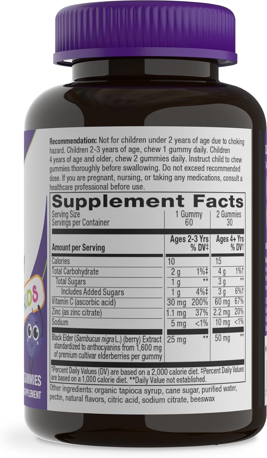Nature's Way Sambucus Kids Elderberry Immune Gummies with Black Elderberry Extract, Daily Immune Support Gummy with Vitamin C and Zinc for Children Ages 2+*, 60 Gummies
