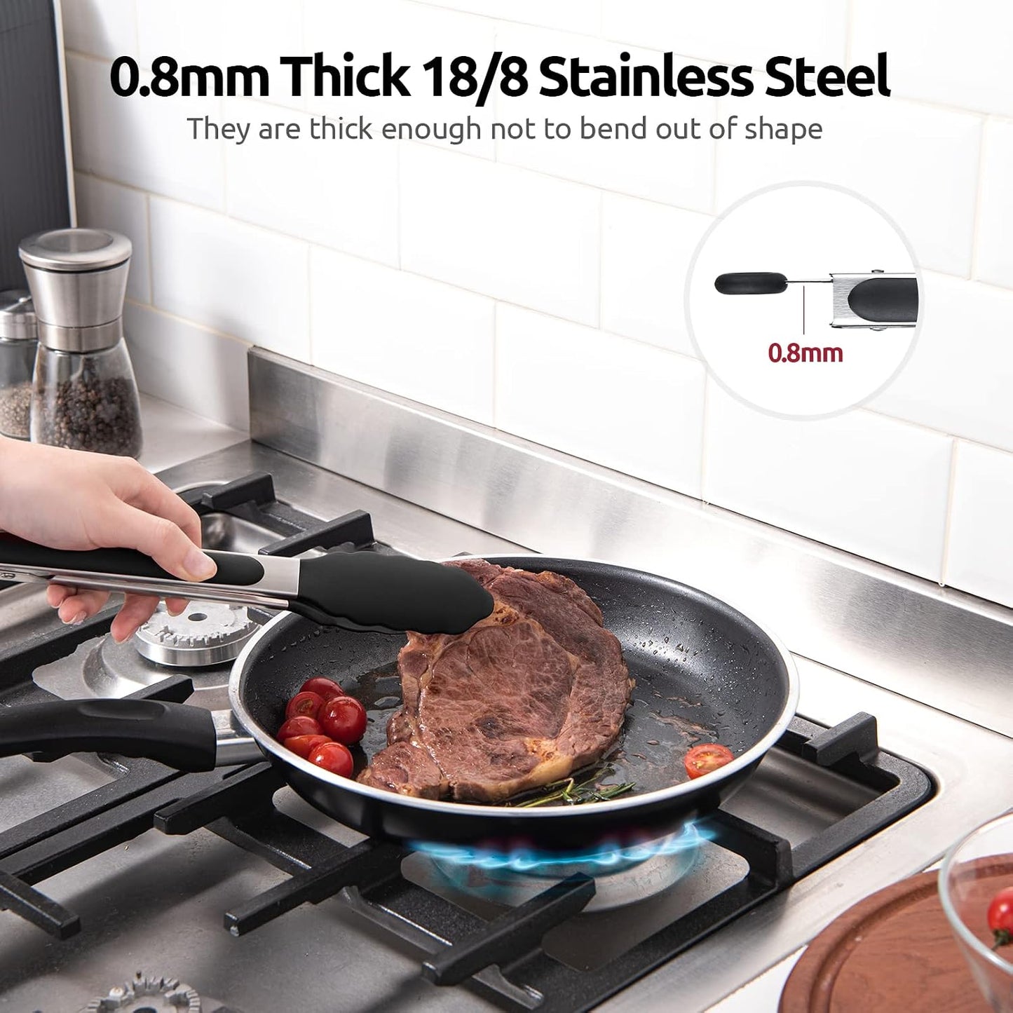 U-Taste Kitchen Tong for Cooking, 600ºF Heat-Resistant Silicone, 9in/Black | Rubber Tong for Serving Food, Salad/Grill/BBQ/Steak/Pasta Silicon Tongs, 18/8 Stainless Steel Handle & Smooth Locking