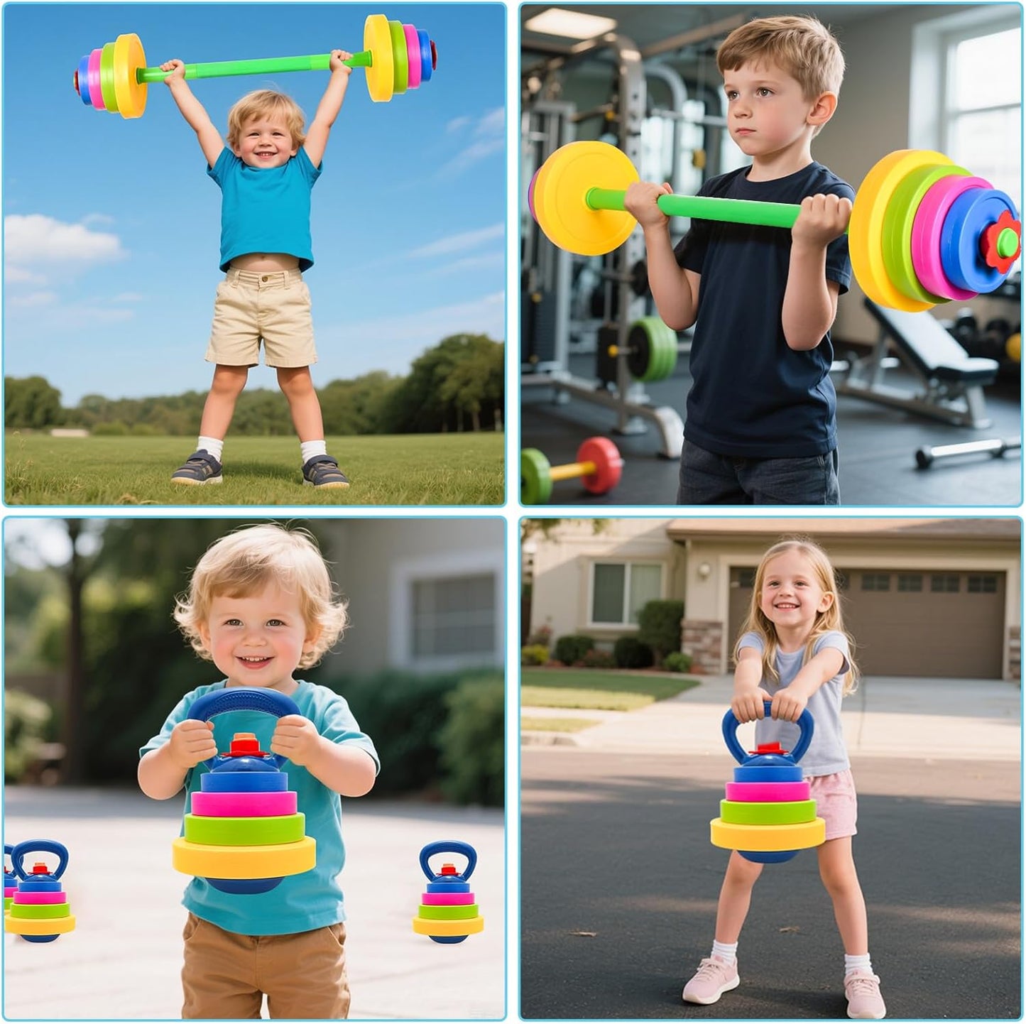 3-in-1 Kids Fitness Set with Adjustable Barbell and Kettlebell