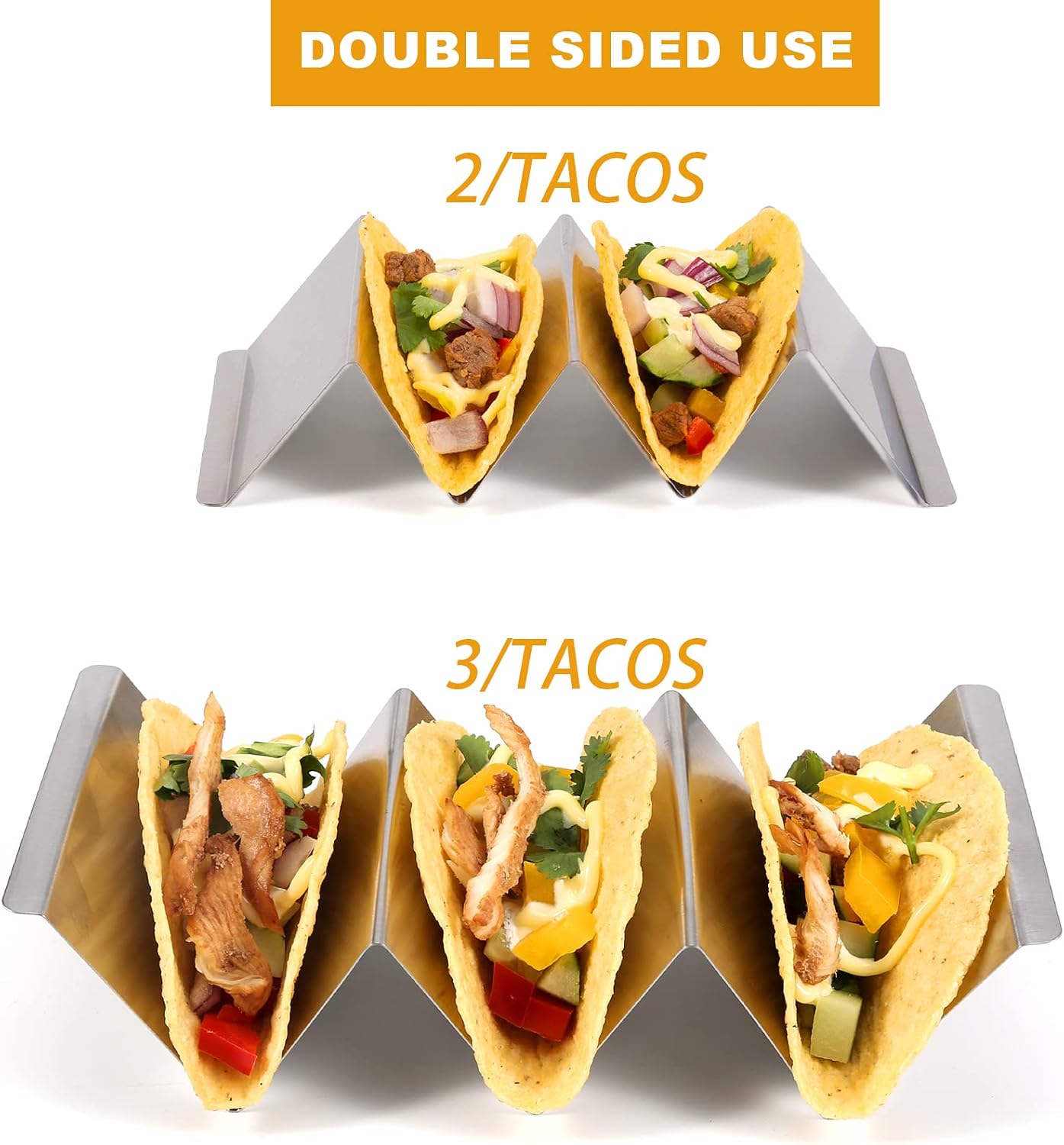 Taco Holders Set of 6, Taco Stand, Stainless Steel Taco Holder, with Easy-Access Handle, Each Can Hold 2 To 3 Tortillas, Oven Safe for Baking, Dishwasher Safety
