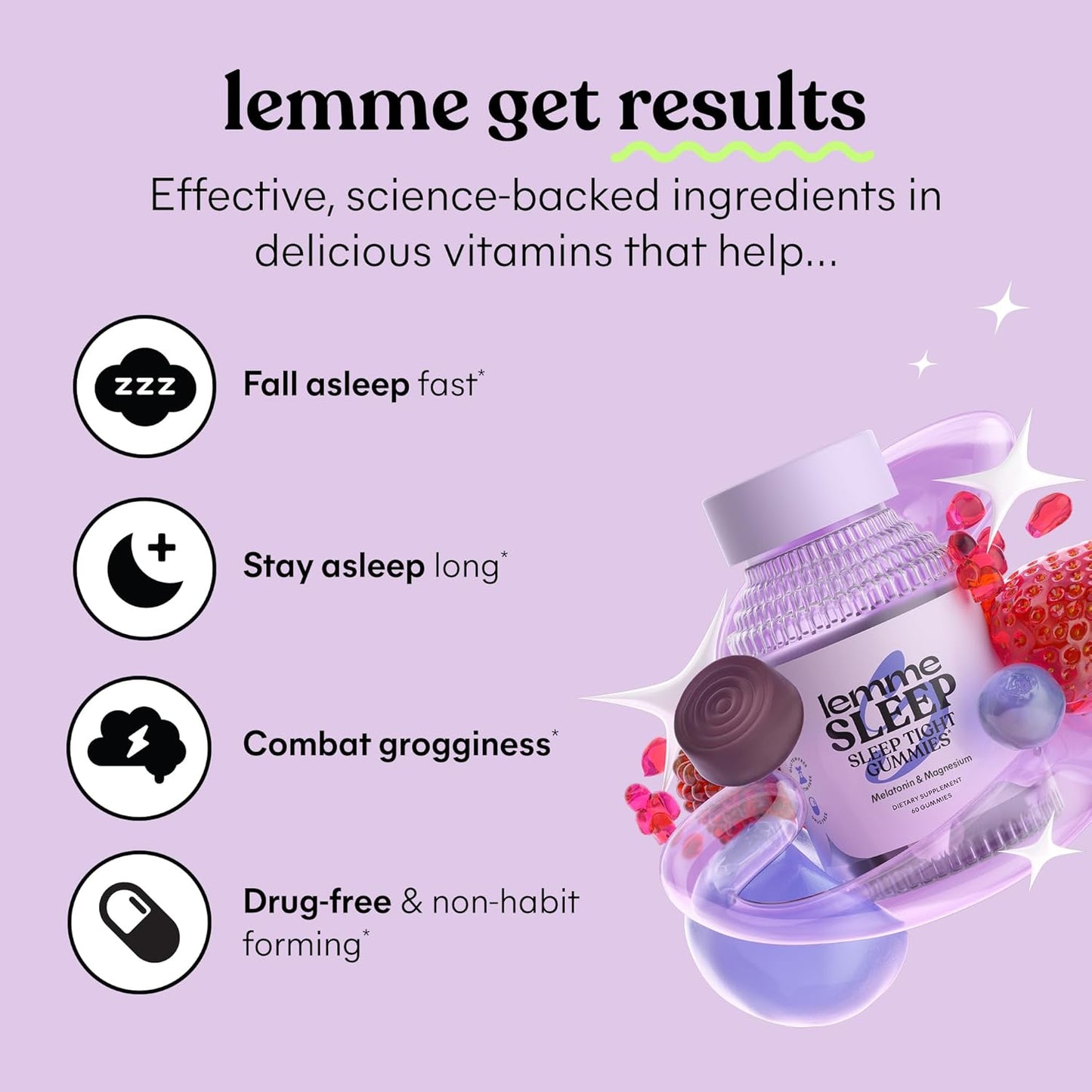 Lemme Sleep Gummies with 5mg Melatonin, Elderberry, Magnesium, L-Theanine, Chamomile and Lavender, Drug-Free Nighttime Sleep Aid, Gluten Free, Gelatin Free, Non GMO, Berry Flavored (60 Count)