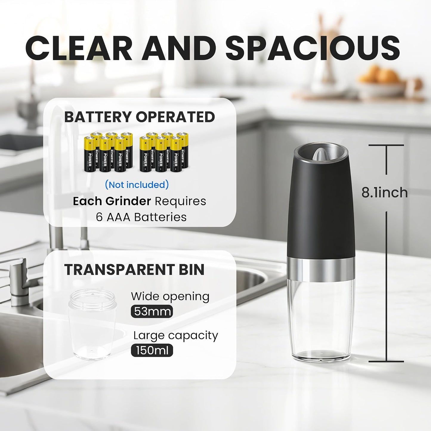 UNNEES Battery Operated Gravity Salt And Pepper Grinder Set, 2 Pcs (Black) | Automatic Salt And Pepper Grinder Set, Adjustable Roughness,12 Batteries Required, Led Light