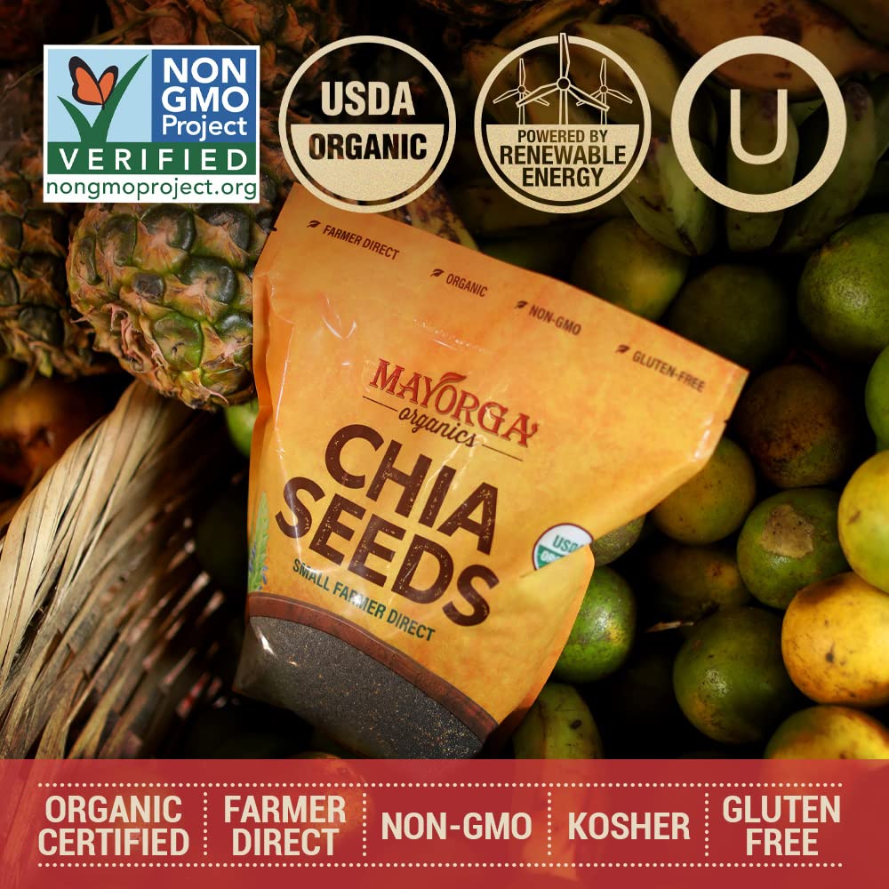 Mayorga Organic Raw Chia Seeds, 3lb Resealable Bag | Superfood w/Plant-Based Omega 3 & Vegan Protein | USDA Certified, Gluten-Free, Non-GMO, Direct Trade, Kosher | Add to Breakfast, Oats & More