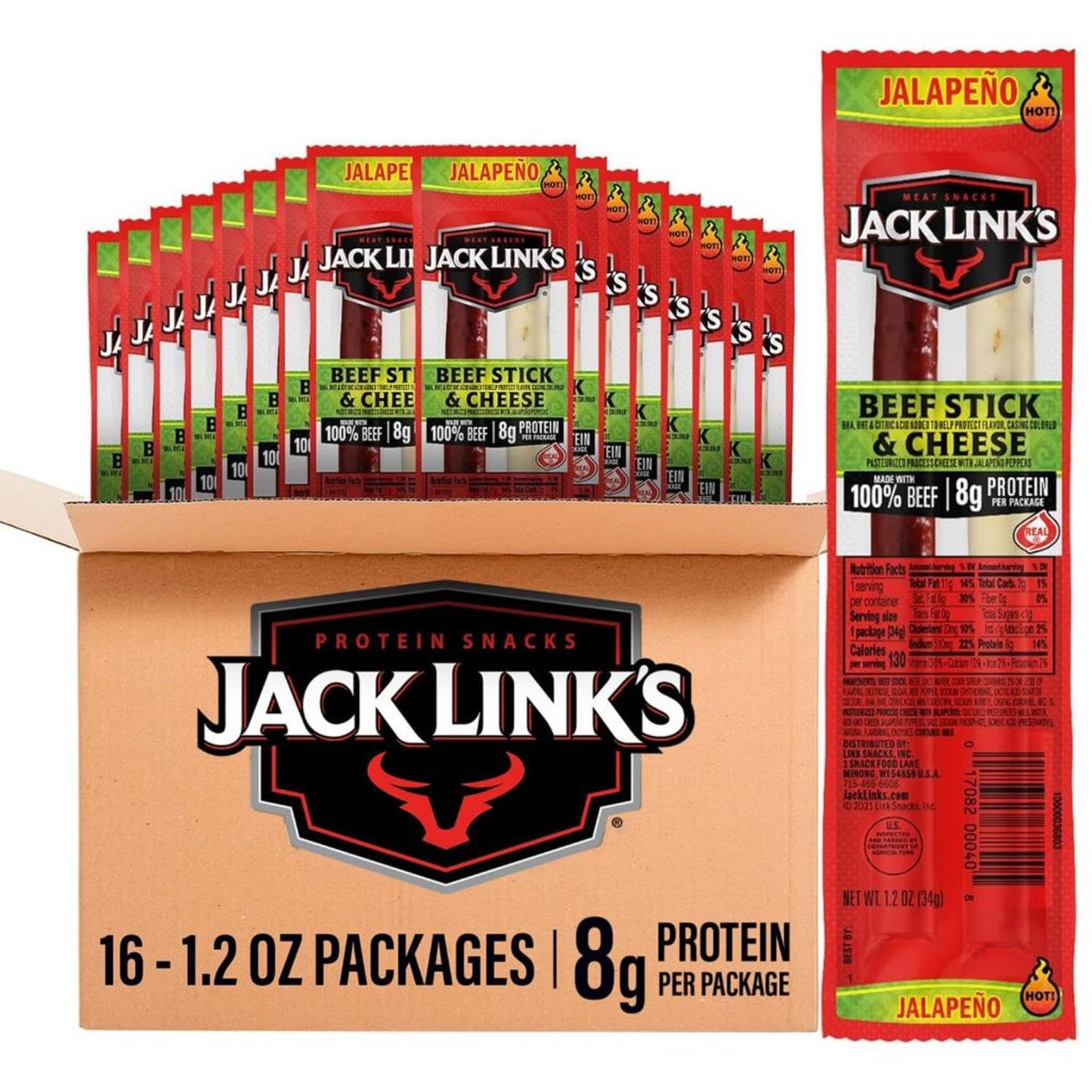 Jack Link's Jalapeno Beef Jerky Sticks and Cheese Sticks Combo, 16 Pack, 1.2 oz Snack Packs