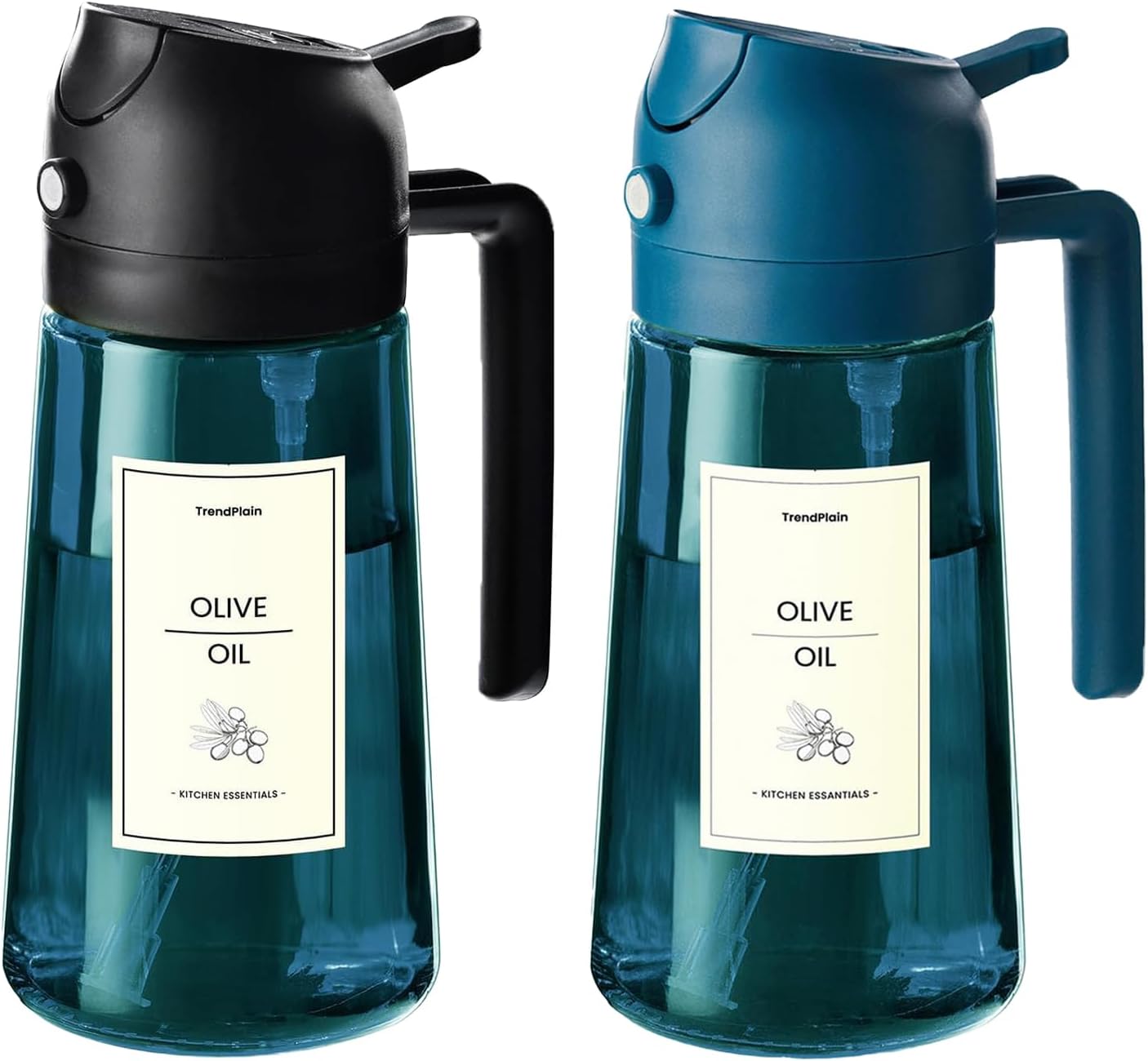 TrendPlain 16oz/470ml Blue Glass Olive Oil Sprayer for Cooking - 2 in 1 Olive Oil Dispenser for Kitchen Gadgets, Air Fryer, Salad, and BBQ - Black
