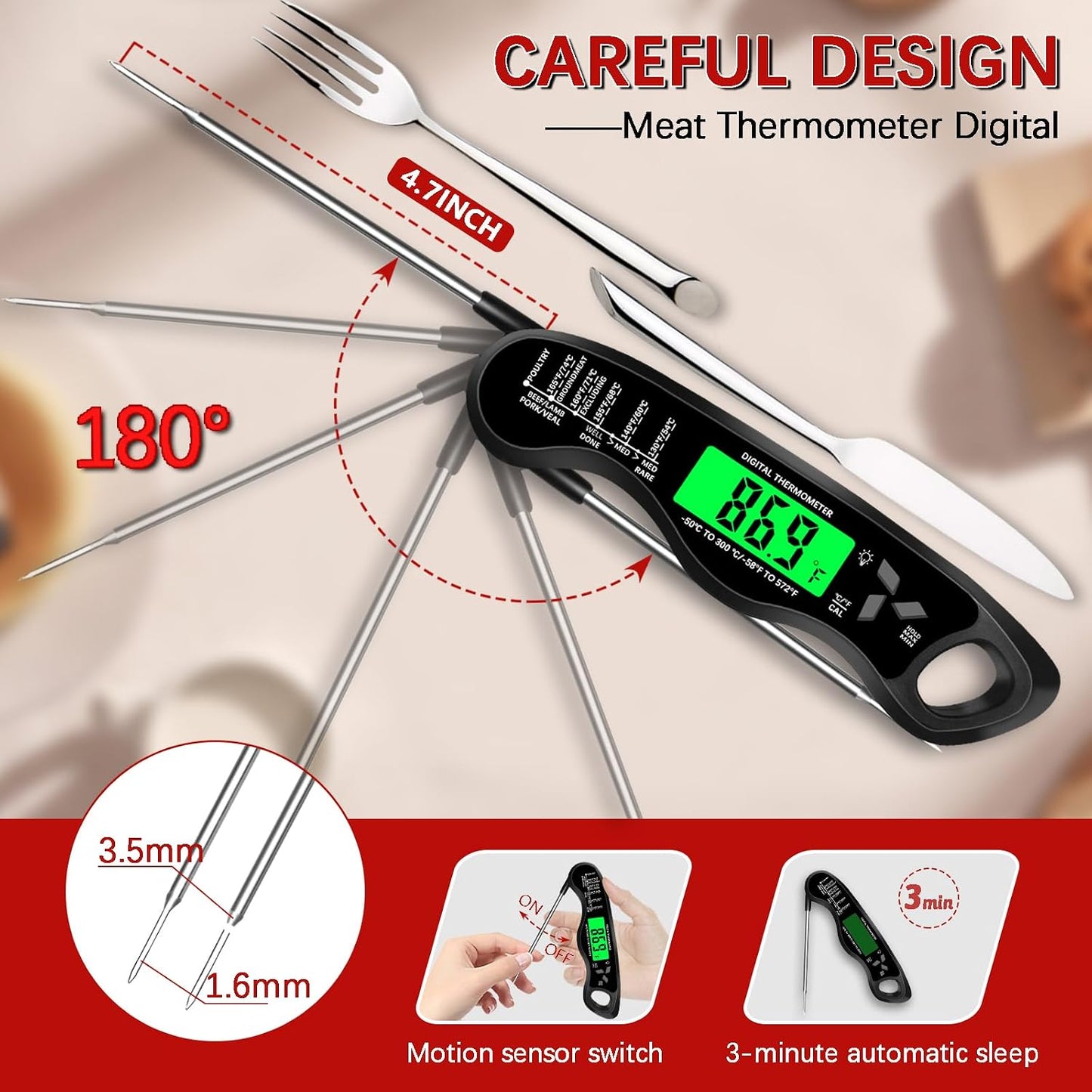 Cooking Thermometer,IP67 Waterproof Meat Thermometer Digital | Backlight,Magnetic attraction,Hold Function,Instant Read,LED screen,for Cooking,Outdoor Grilling