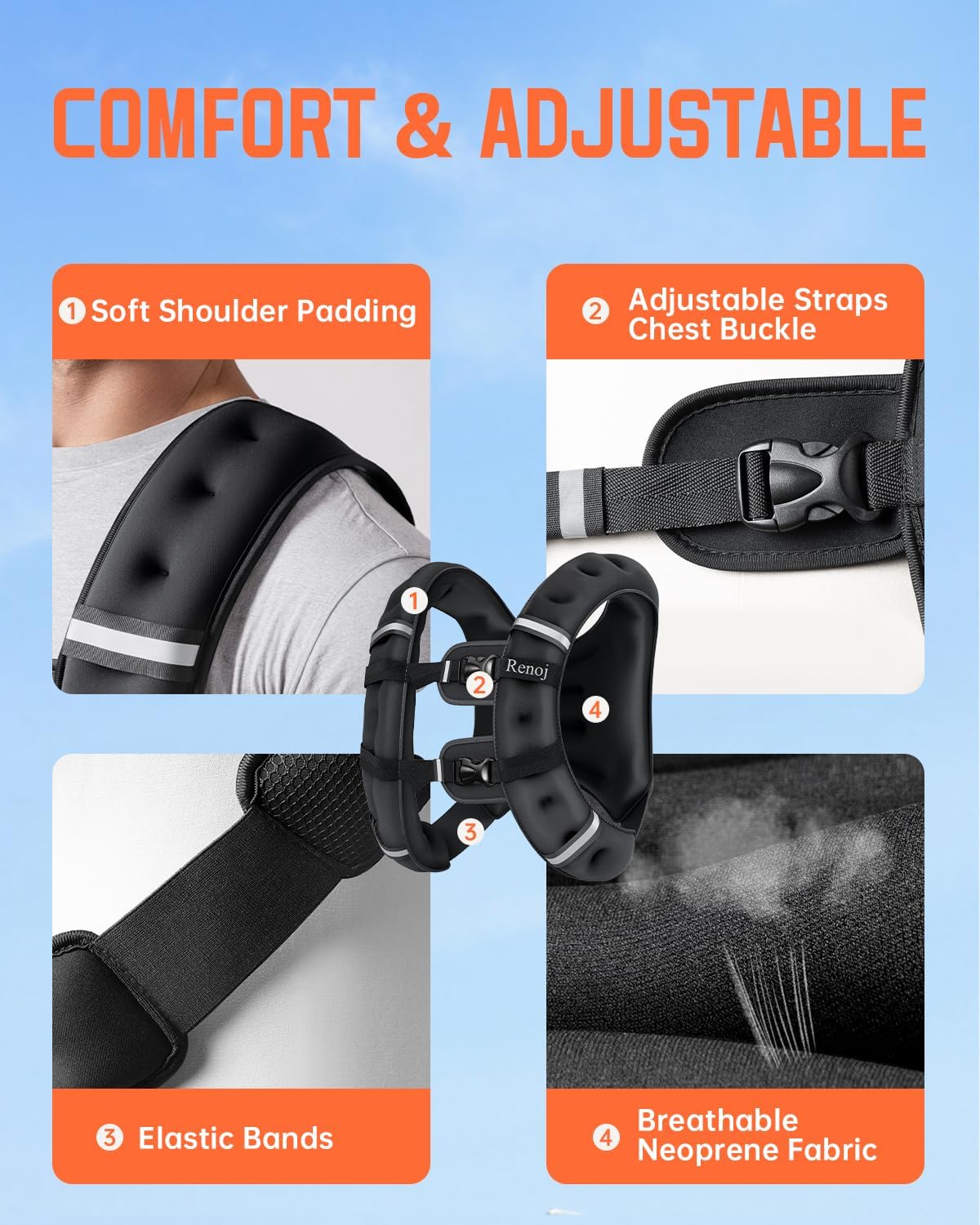 Renoj Weighted Vest for Fitness: 6lb-20lb Fixed Weights, Reflective Strips, Storage Pocket