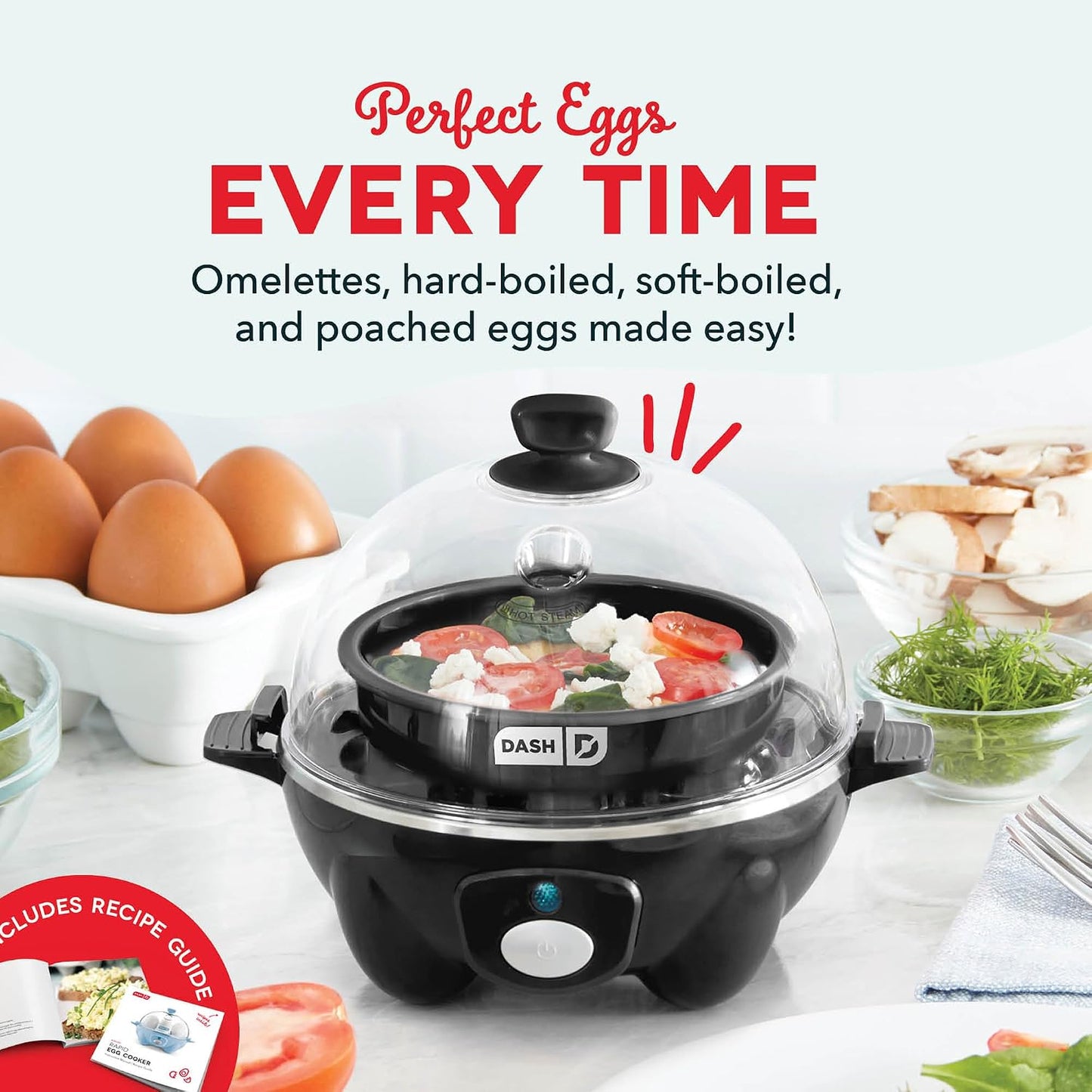Dash Rapid Egg Cooker, 7 Hard Boiled Eggs, Black | Electric Egg Poacher, Boiler, Steamer & Omelette Maker Machine, Soft or Poached Eggs for Breakfast, Auto Shut-Off, BPA-Free