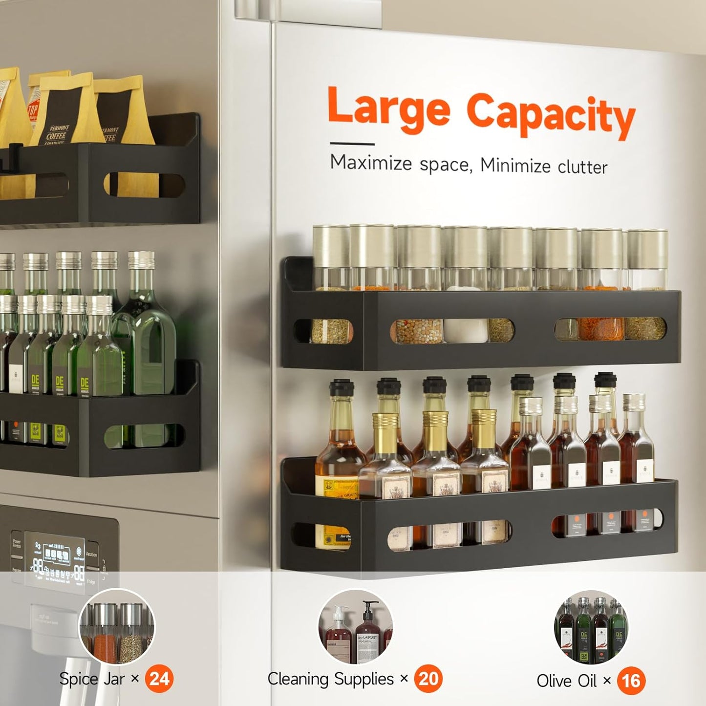 Sevenblue 4-Pack Magnetic Spice Rack for Refrigerator with Hooks, Black | Strong multipurpose magnetic shelf for kitchen & bathroom organization. Includes 4 removable hooks for hanging items.