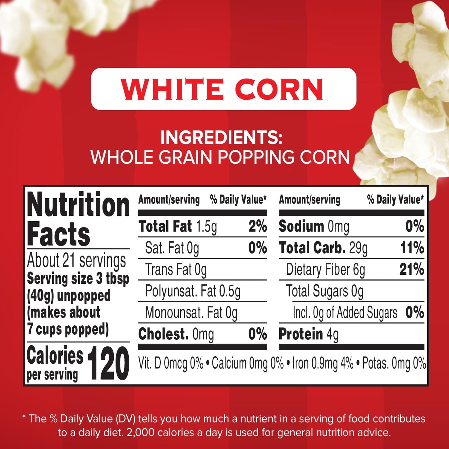 Orville Redenbacher's White Corn Popcorn Kernels, 6g Fiber, 30 oz, Pack of 6