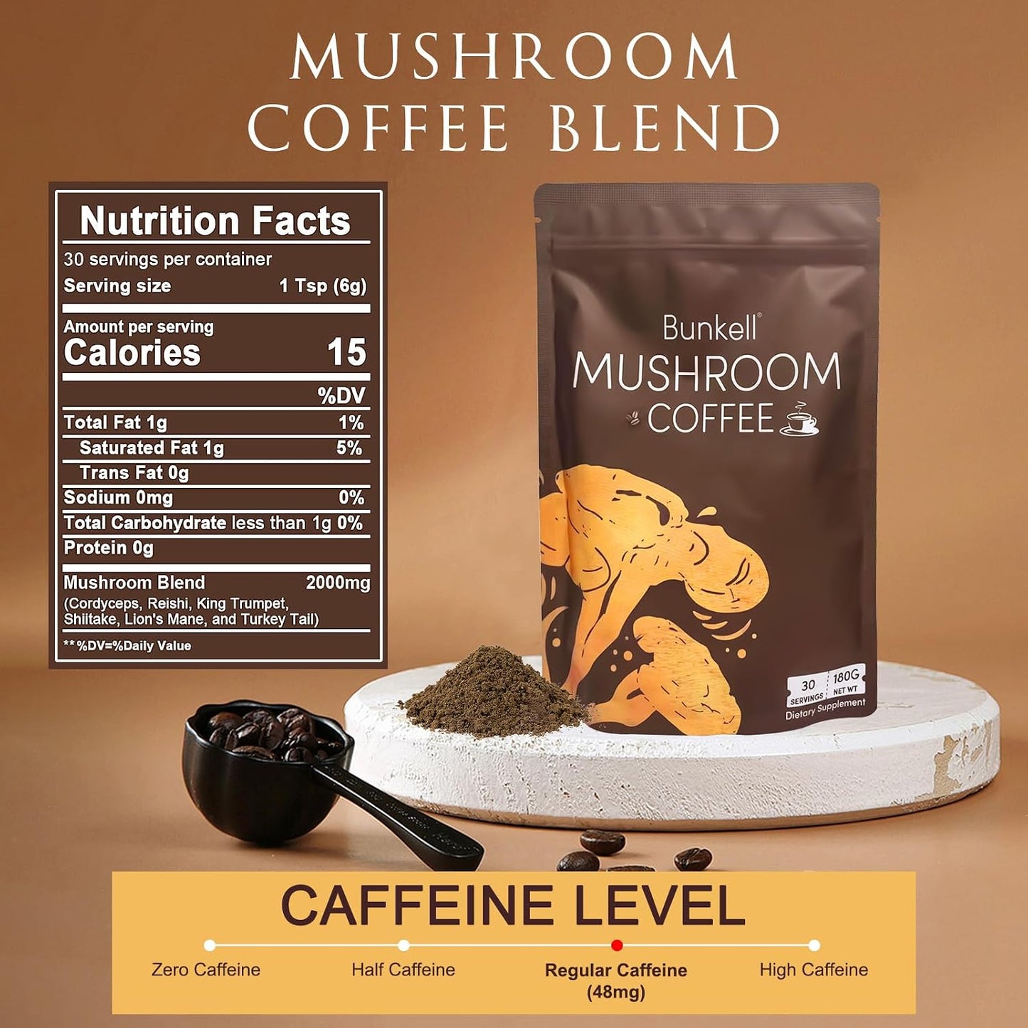 Mushroom Coffee Blend with 6 Adaptogenic Mushrooms for Energy and Immune Support