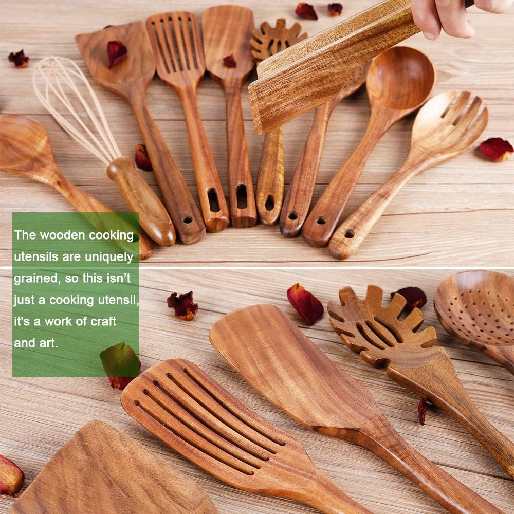 AIUHI 11-Piece Natural Teak Wood Kitchen Utensil Set with Holder, Wooden Spoons and Cooking Utensils for Nonstick Cookware, Includes Spatulas, Ladle and Whisk