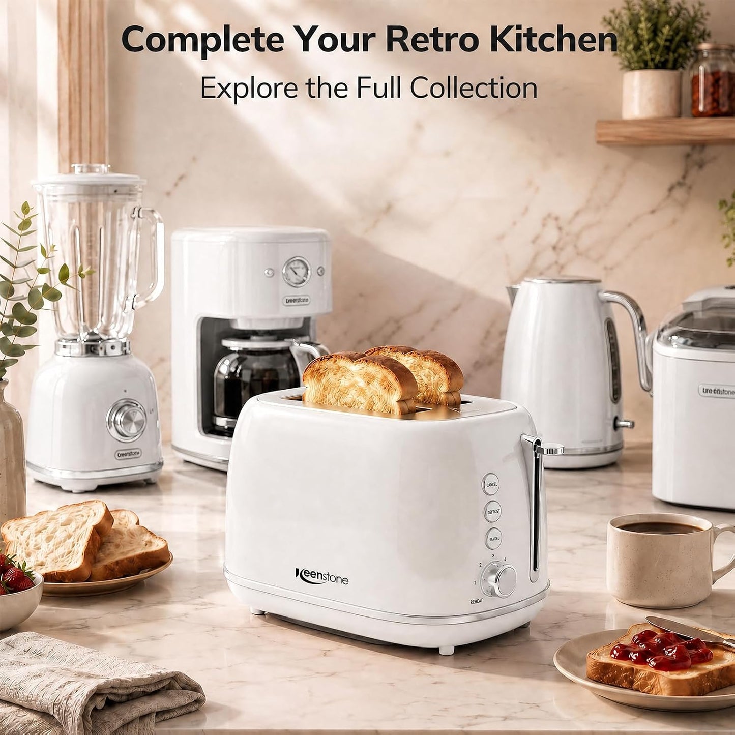 Keenstone 2 Slice Toaster, Retro Stainless Steel Kitchen Essentials, White | Retro Kitchen Decor, 18/8 Food-Grade Steel, 1.5” Slots & 6 Browning Levels, Bagel/ Defrost/ Reheat, Removable Crumb Tray