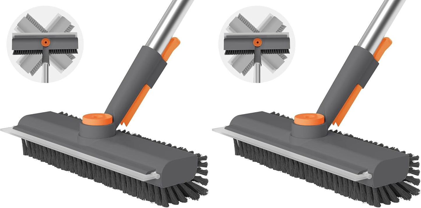 AIR U+ Floor Scrub Brush with Long Handle, 3-in-1 Rotating Head & Squeegee | Stiff Dual-Sided Bristles for Shower, Bathroom, Kitchen and Patio, 30–50 In Handle for Easier Stand-up Cleaning, Gray