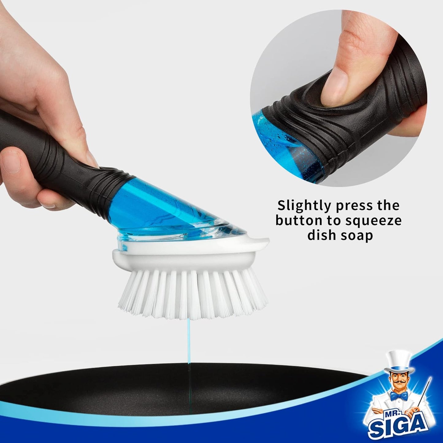 MR.SIGA Soap Dispensing Dish Brush, Kitchen Brush for Pot Pan Sink, 2 Pack | Dish scrubber with soap dispenser, dish soap brush with scraper