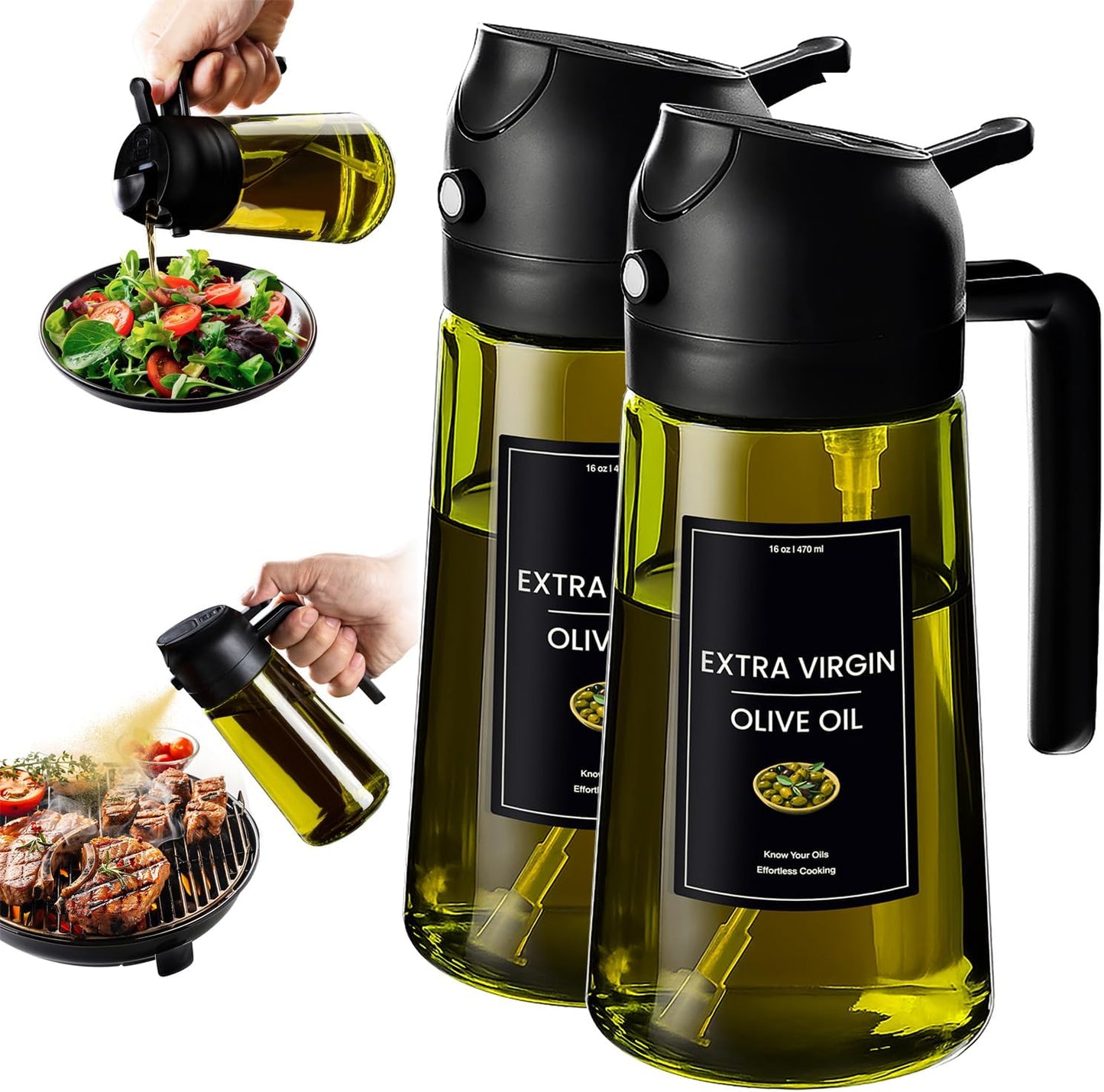 CXINYI - 16oz/470ml Olive Oil Dispenser for Kitchen with Stickers - 2 in 1 Olive Oil Sprayer for Cooking, Air Fryer, and Salad, Black&Green (Light-Proof Kitchen Gadget)