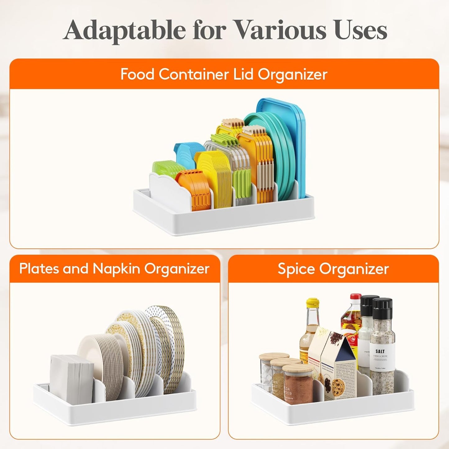 Lifewit Kitchen Cabinet Organizer for Food Contanier Lid, Lid Holder with 6 Adjustable Dividers & 7 Sections for Pantry Organizers and Storage, Home Drawer Organization, Large, 13" x 10"