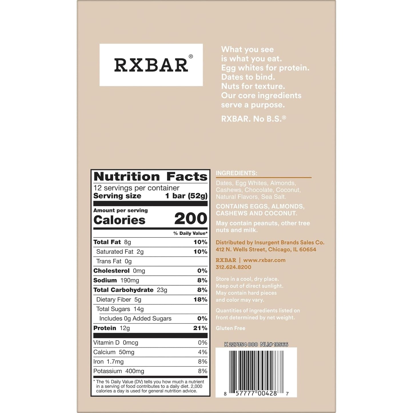 RXBAR Coconut Chocolate Protein Bars, 12 Count, 22oz Box