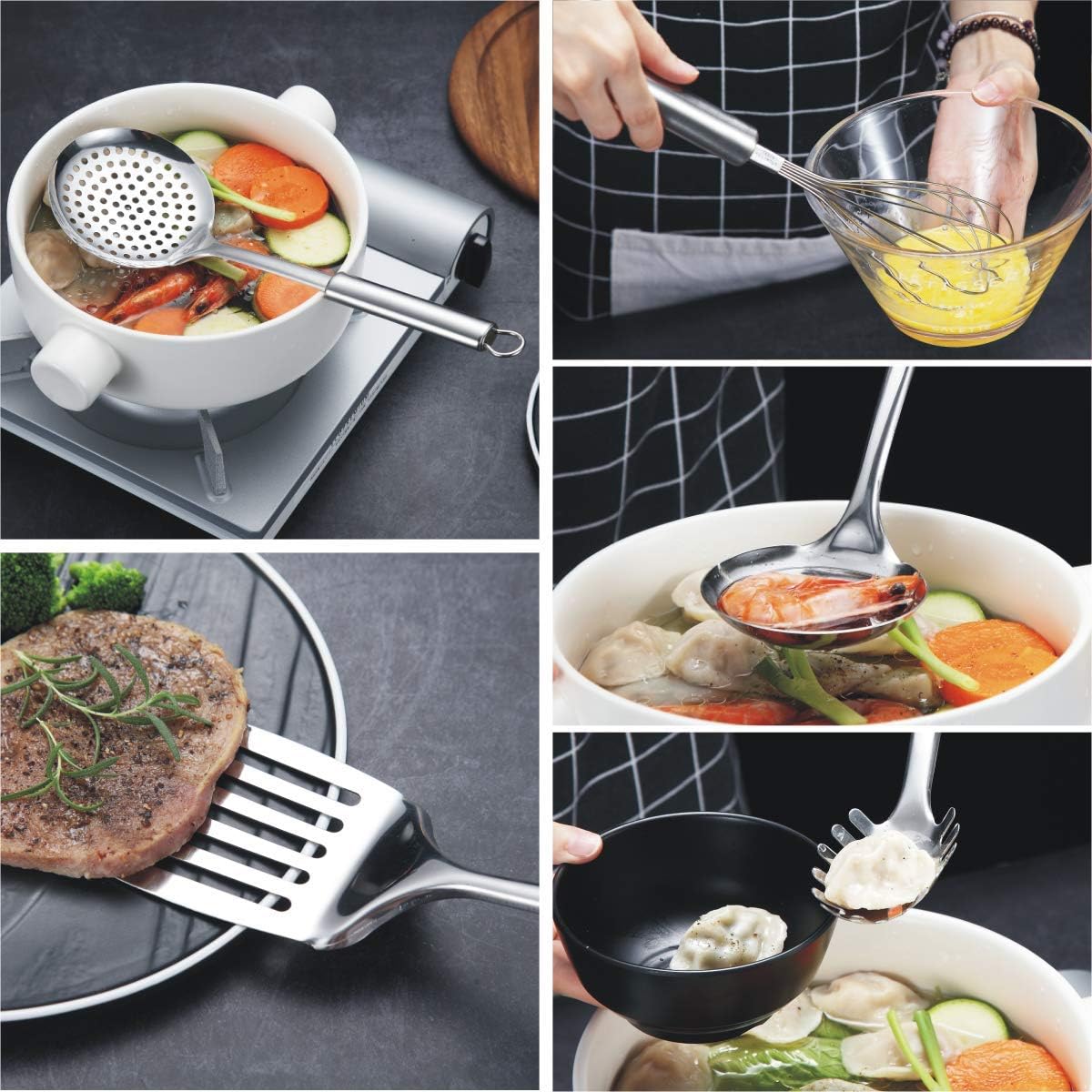 Berglander Cooking Utensil Set 8 Piece, Stainless Steel Kitchen Tool Set with Stand,Cooking Utensils, Slotted Tuner, Ladle, Skimmer, Serving Spoon, Pasta Server,Potato Maseher, Egg Whisk. (8 Pieces)