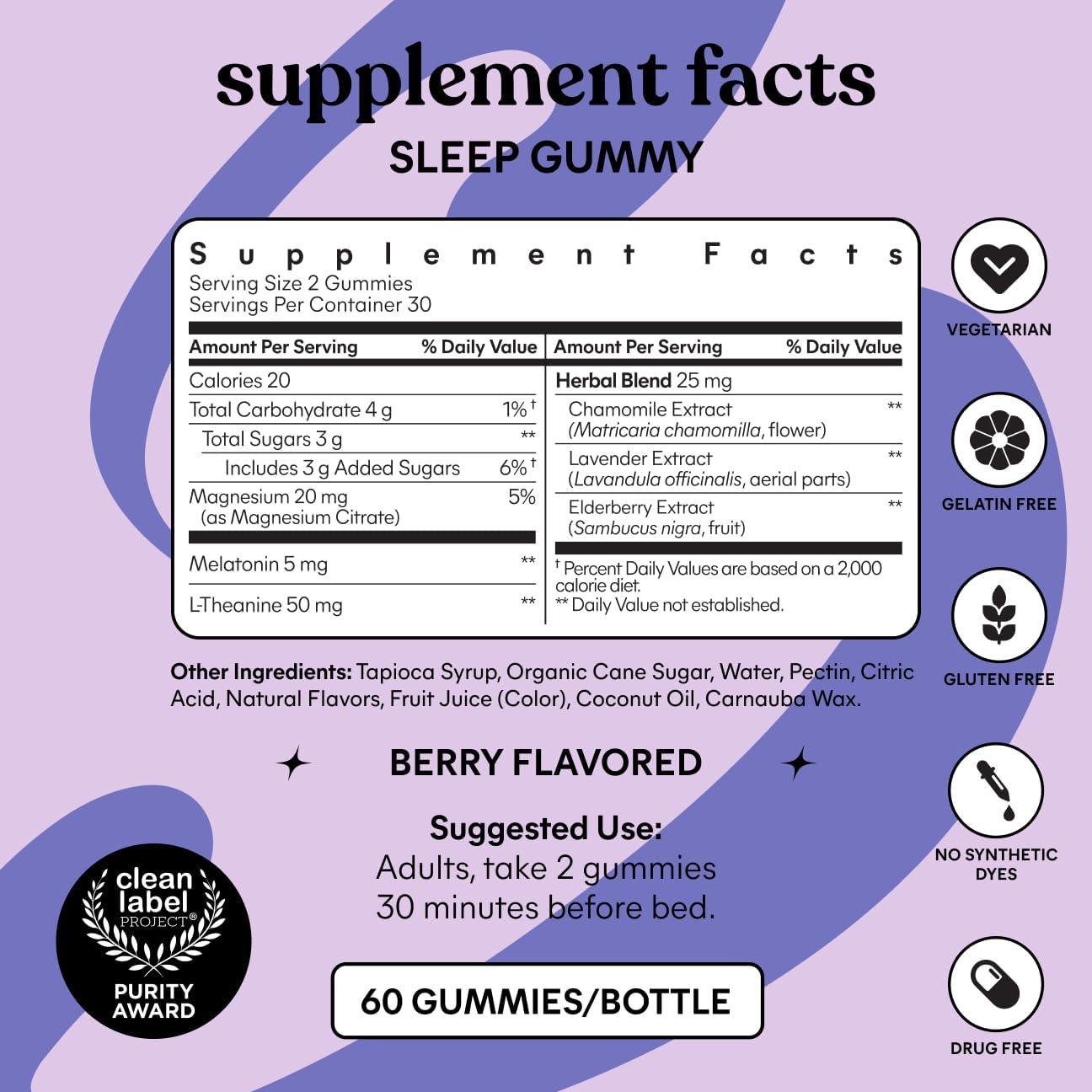 Lemme Sleep Gummies with 5mg Melatonin, Elderberry, Magnesium, L-Theanine, Chamomile and Lavender, Drug-Free Nighttime Sleep Aid, Gluten Free, Gelatin Free, Non GMO, Berry Flavored (60 Count)