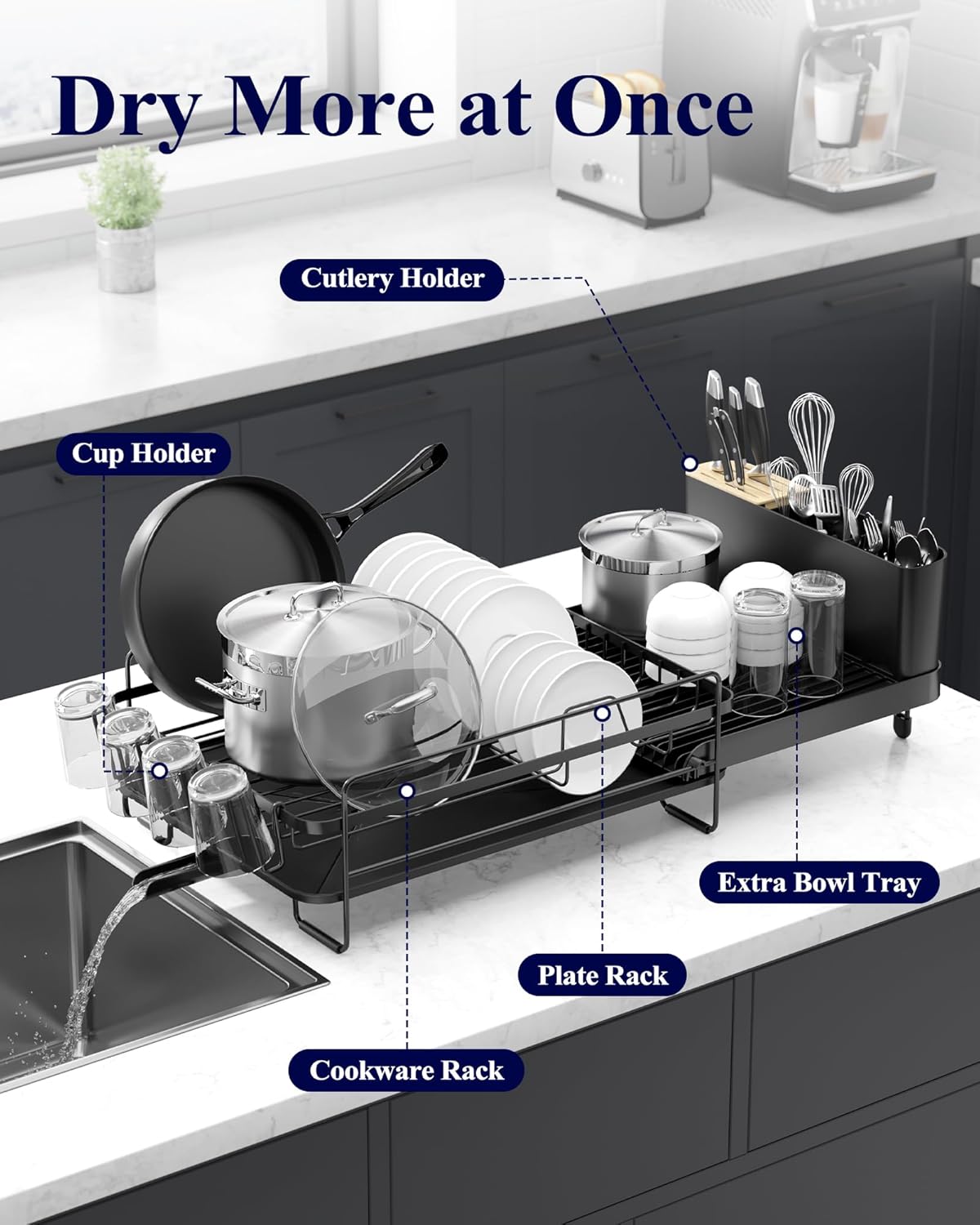 Kitsure Extendable Dish Drying Rack, 19.2"-26.7" L x 12.9" W, Black | Large Dish Rack, Multifunctional Dish Rack for Kitchen Counter, Anti-Rust Dish Drainers with Cutlery & Cup Holders