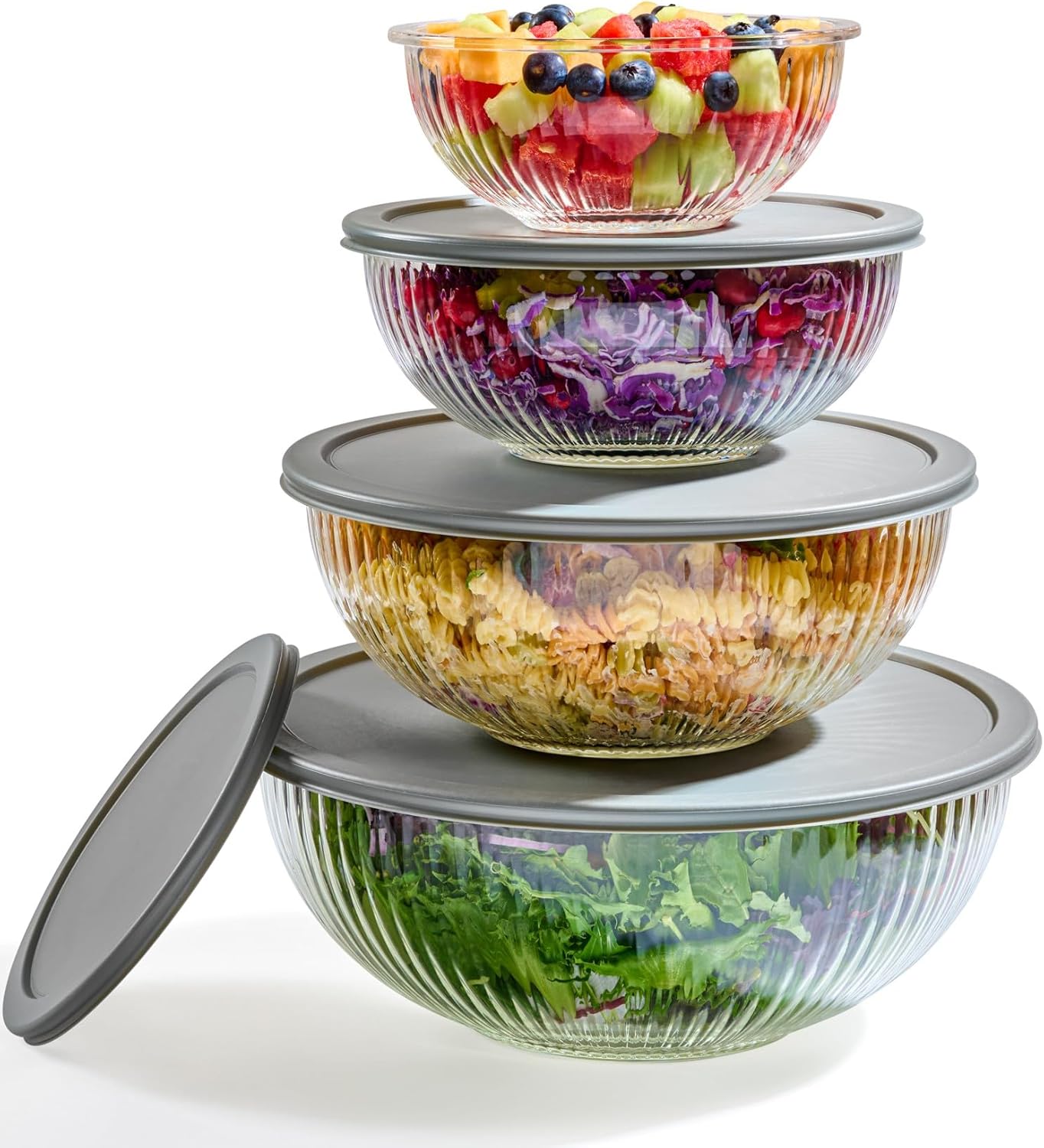 8pc Ribbed Glass Mixing Bowls with Leakproof Airtight Lids - BPA-Free Meal Prep Stackable Space Saving Nesting, Kitchen Baking Food Storage & Serving Containers - Microwave, Freezer, Dishwasher Safe.