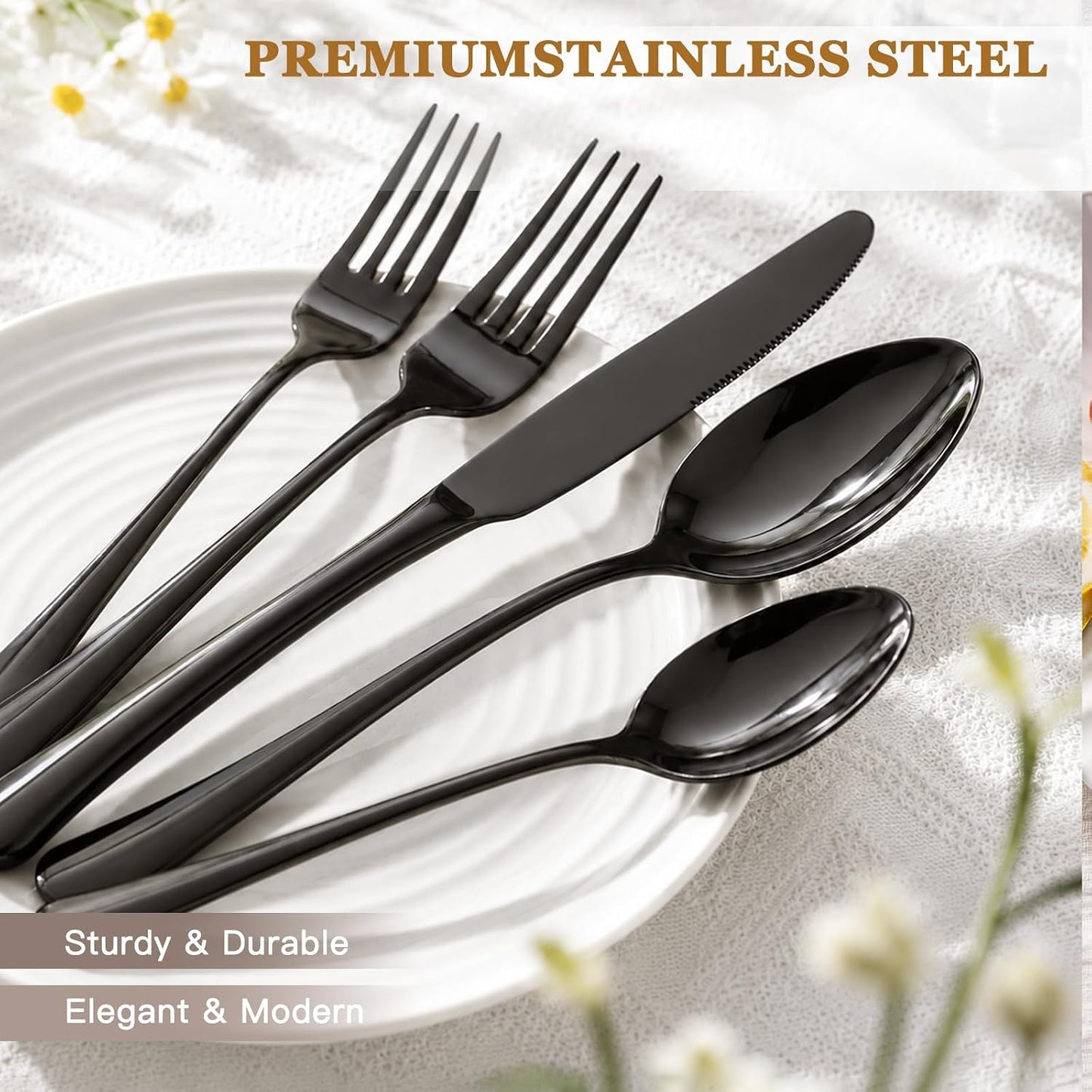 Astercook 24-Piece Black Silverware Set with Steak Knives Flatware Set for 4 Food-Grade Stainless Steel Cutlery Set Mirror Polished Utensils Set Include Spoons and Forks for Home Kitchen Restaurant