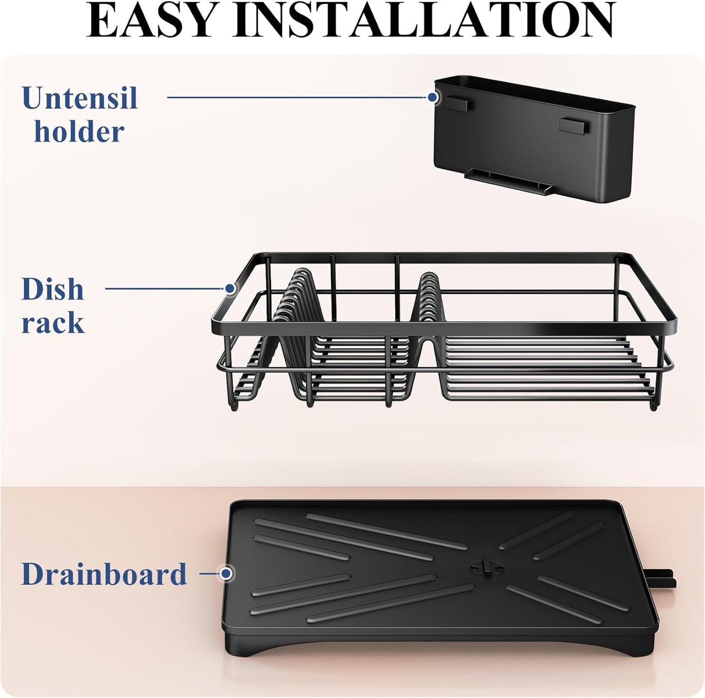 SNTD Dish Drying Rack for Kitchen Counter, 11.8" W x 16.7" L, Black | Rustproof Stainless Steel, Large Capacity, Angled Drainboard for Quick Drainage, Rotating Spout, Removable Utensil Holder