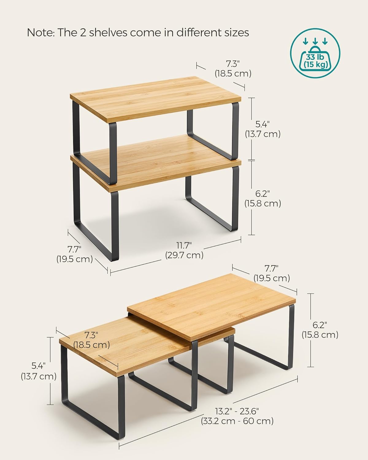 SONGMICS Cabinet Organizer Shelf, Set of 2 Kitchen Counter Shelves, Kitchen Storage, Spice Rack, Stackable, Expandable, Metal and Engineered Wood, 11.7 Inches, Ink Black and Natural Beige UKCS02NB