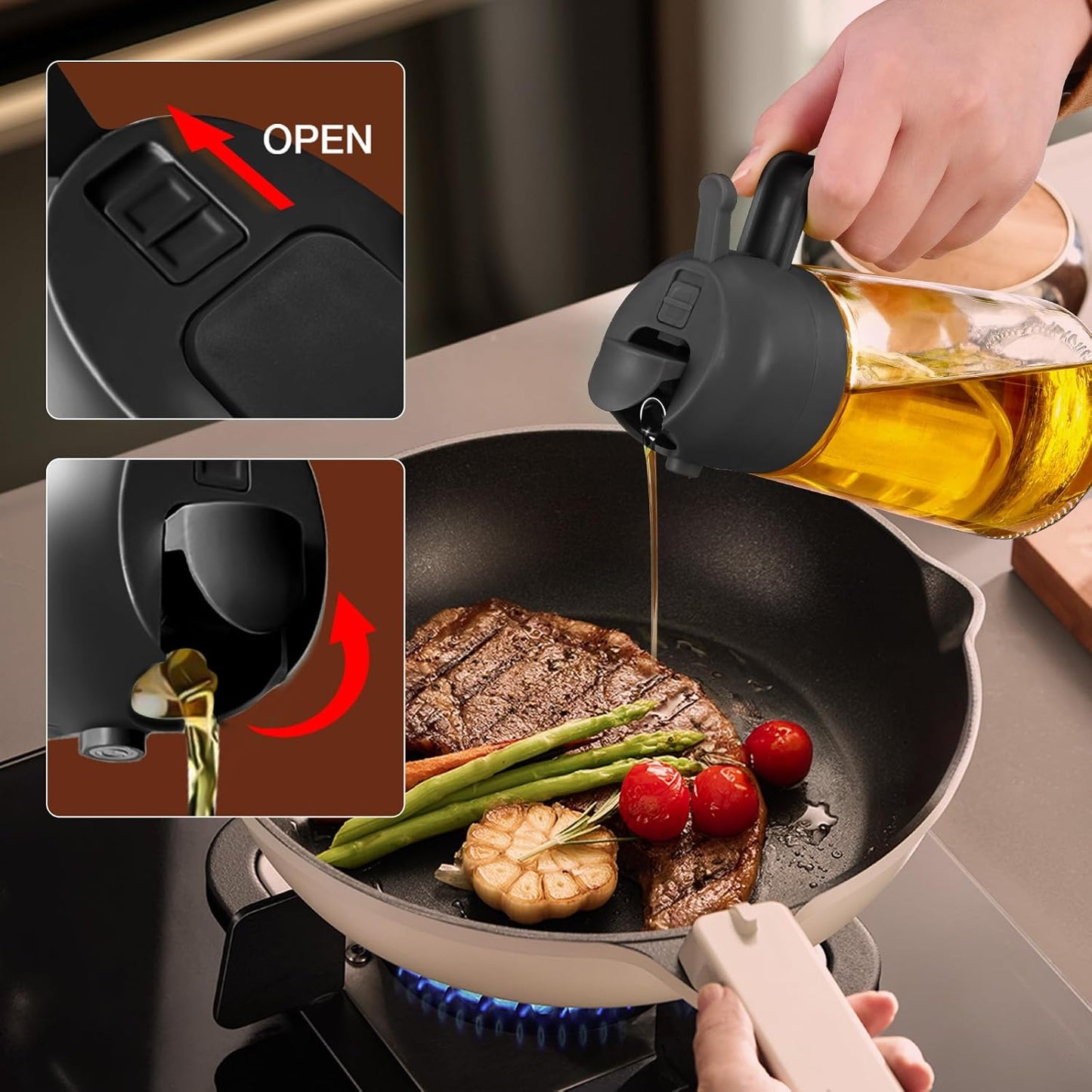 YARRAMATE 16 oz 2-in-1 Glass Olive Oil Sprayer for Cooking, Black | Food-grade dispenser bottle, 470 ml, spray and pour, portion control, stickers included, for salad, frying and BBQ