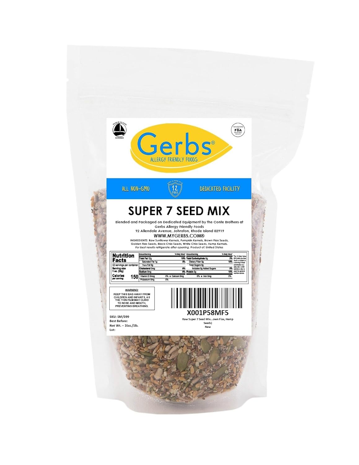 Gerbs Super 7 Seed Snack Mix 1 lb bag, raw, no artificial additives, resealable