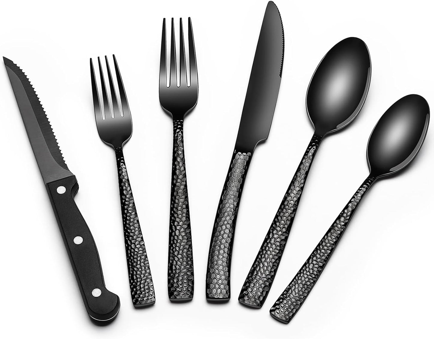 EWFEN 24-Piece Black Silverware Set with Steak Knives, Black Flatware Set for 4, Food-Grade Stainless Steel Tableware Cutlery Set, Mirror Finished Utensil Sets for Home Restaurant, Round Edge