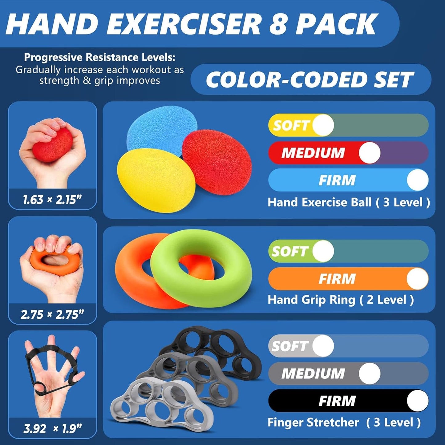Grip Strength Trainer Set (8 Pack) - Forearm Strengthener, Stress Balls, Hand Therapy Equipment