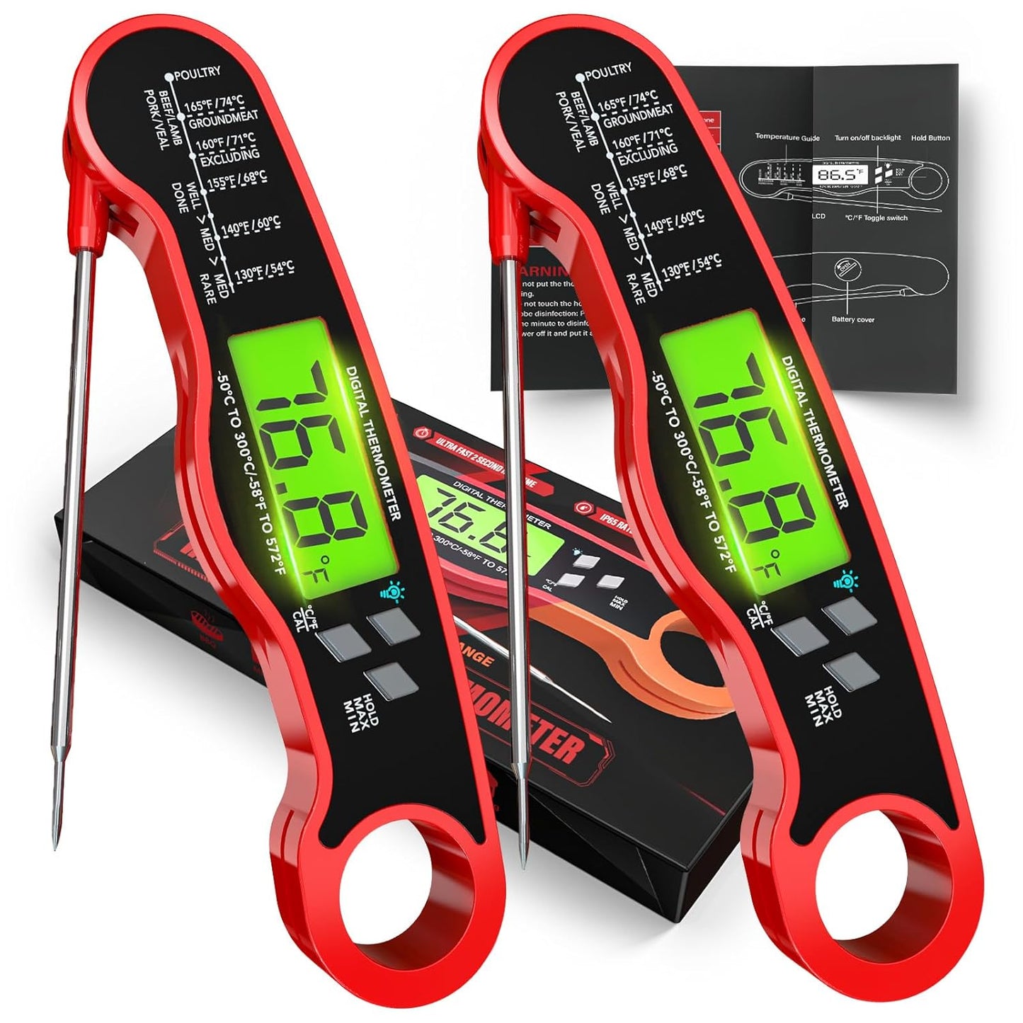 AWLKIM Meat Thermometer Digital, Instant Read Food Thermometer, Red | Waterproof cooking thermometer with doneness chart, backlight, F/C switch for BBQ, candy, oil