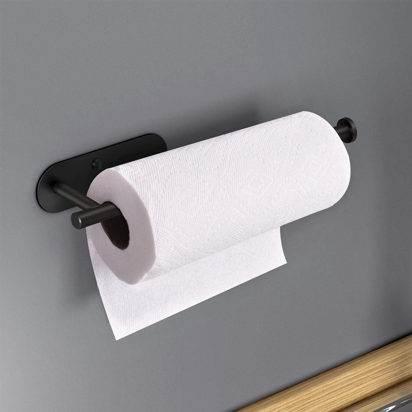 VAEHOLD Adhesive Paper Towel Holder Under Cabinet Wall Mount for Kitchen Paper Towel, Black Paper Towel Roll Holder Stick to Wall, Stainless Steel(Black)