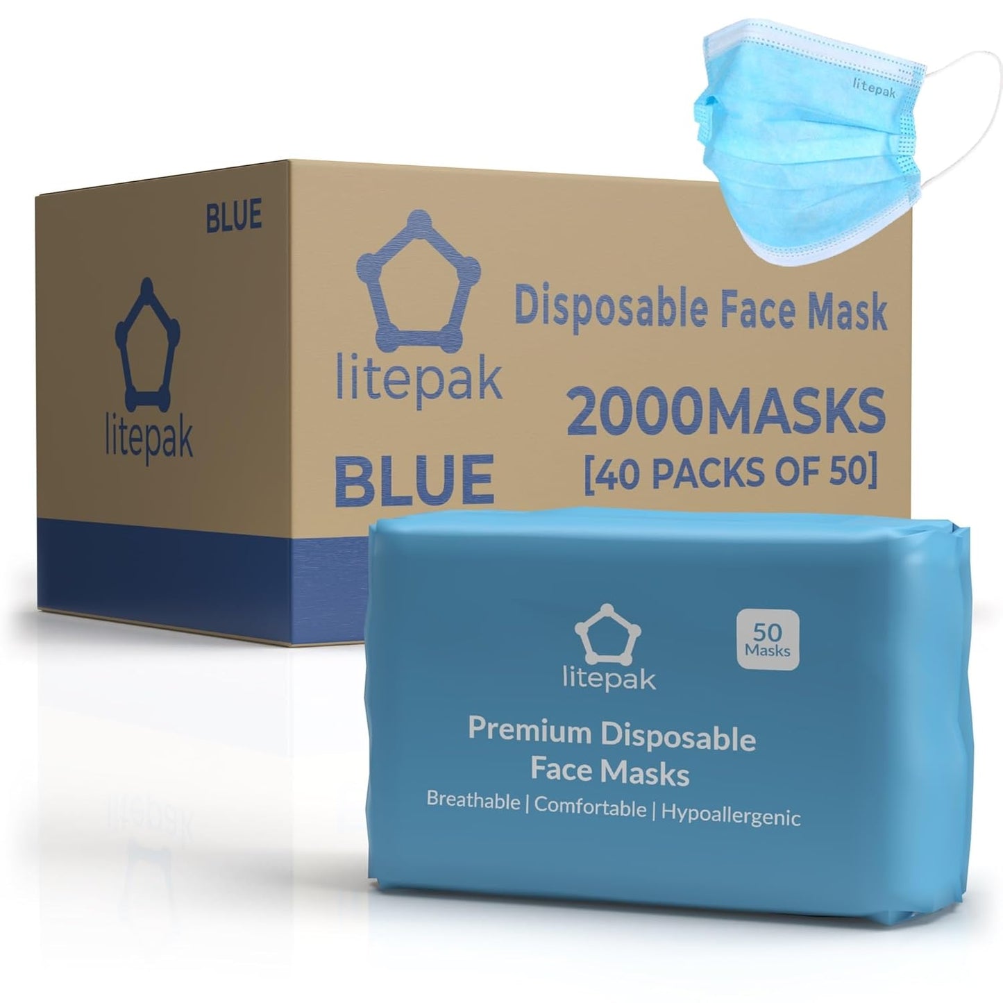 Litepak 2,000 Disposable Face Masks - Breathable Blue Face Masks