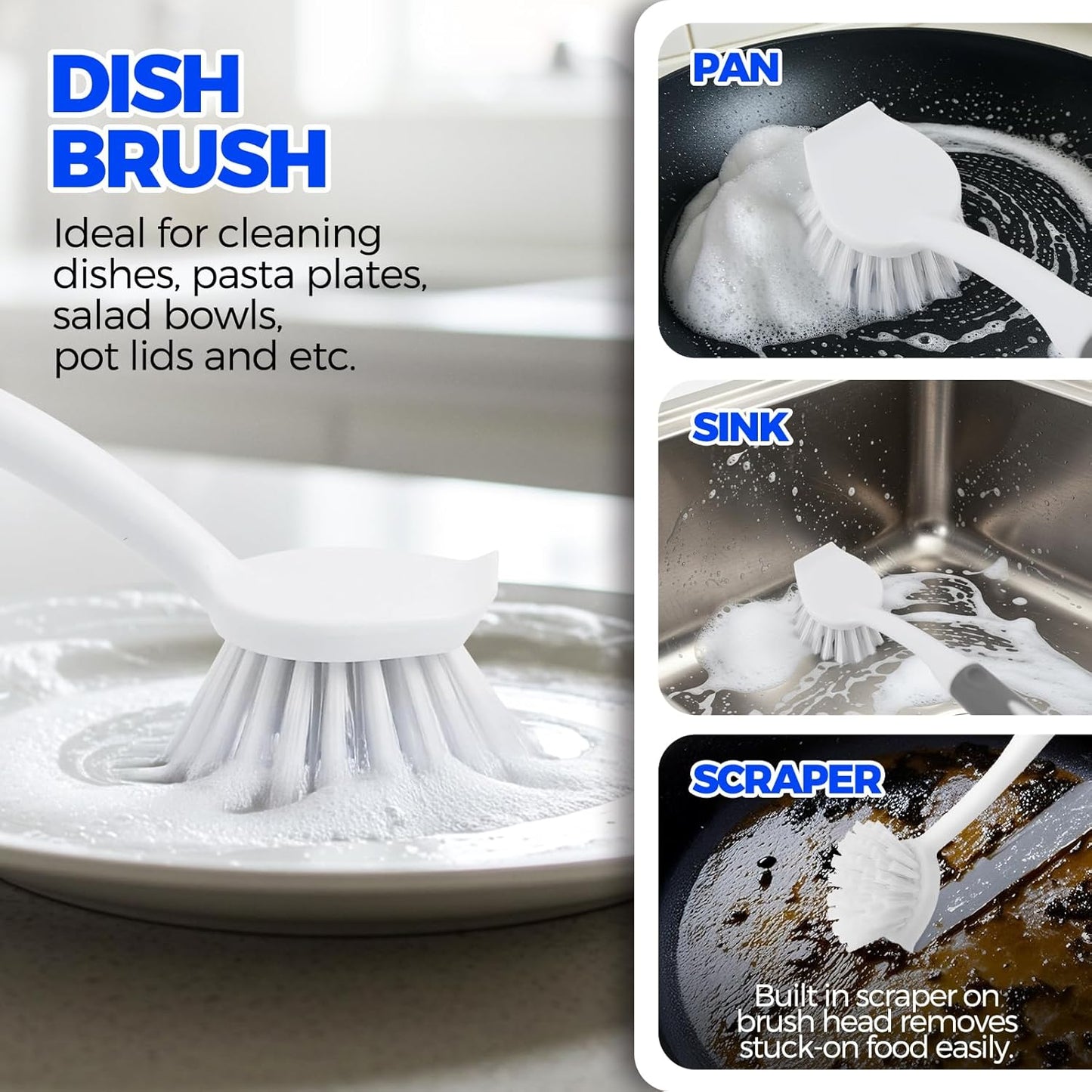 Holikme 6 Pack Dish Brush Set with Bottle Brush, Dish Scrub Brush,Gray | Pan Brush and 3 Straw Brushes, Deep Cleaning Handle Brush with Scraper Tip for Kitchen Sink Dishes Bottle Cup Pot and Pans