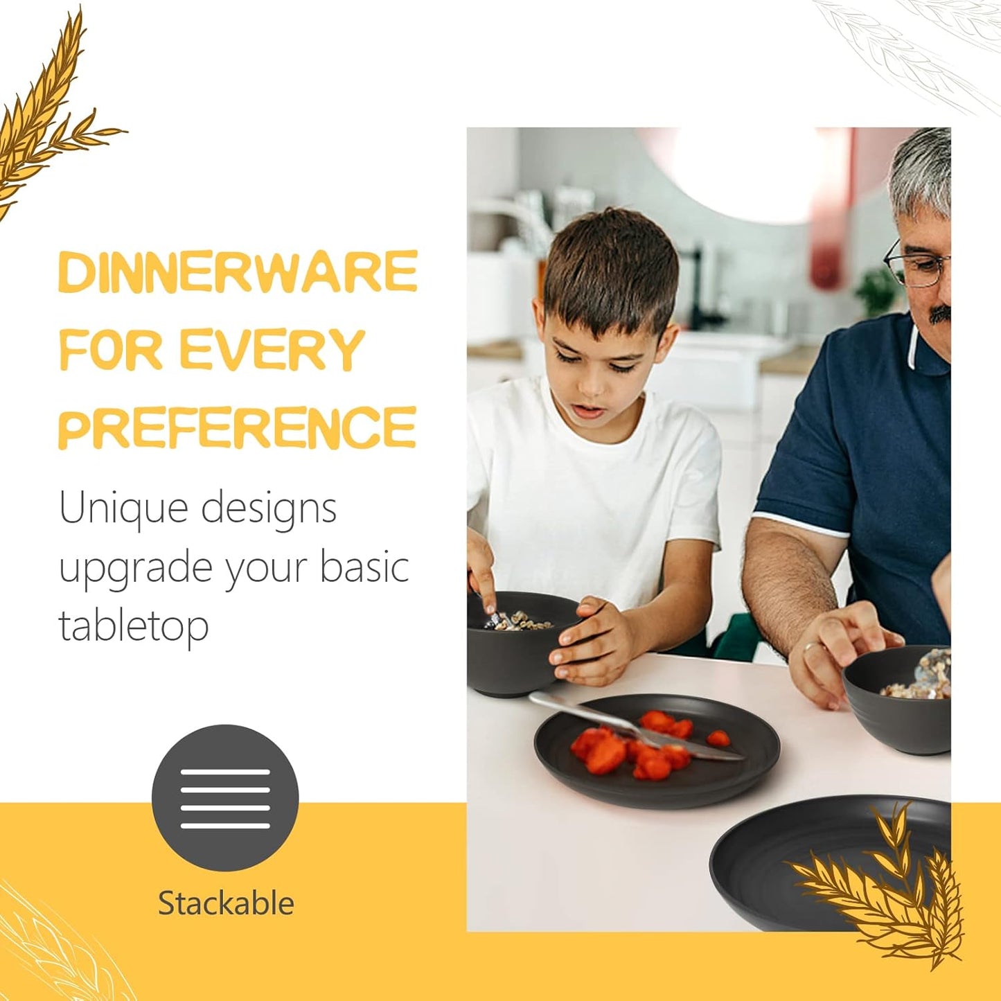 Teivio 32-Piece Kitchen Plastic Wheat Straw Dinnerware Set, Service for 8, Unbreakable Modern Dish Set - Dinner Plate/Dessert Plate/Cereal Bowl/Cup, for Apartment Essentials, Outdoor Camping,Black